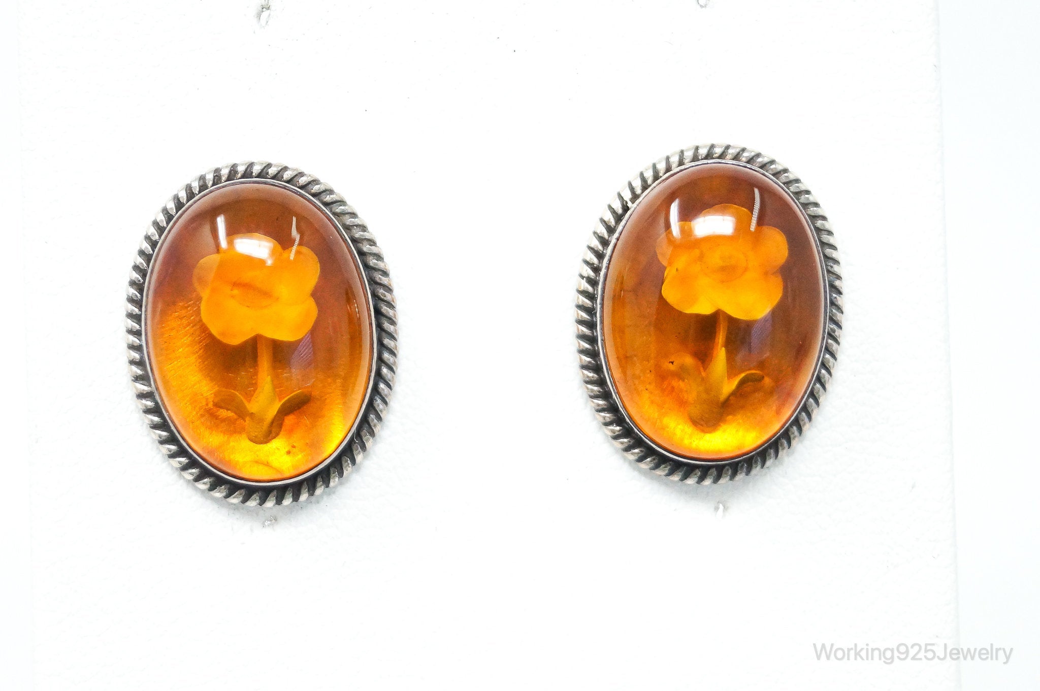 Vintage Designer Merav Flower Cameo Amber Sterling Silver Earrings