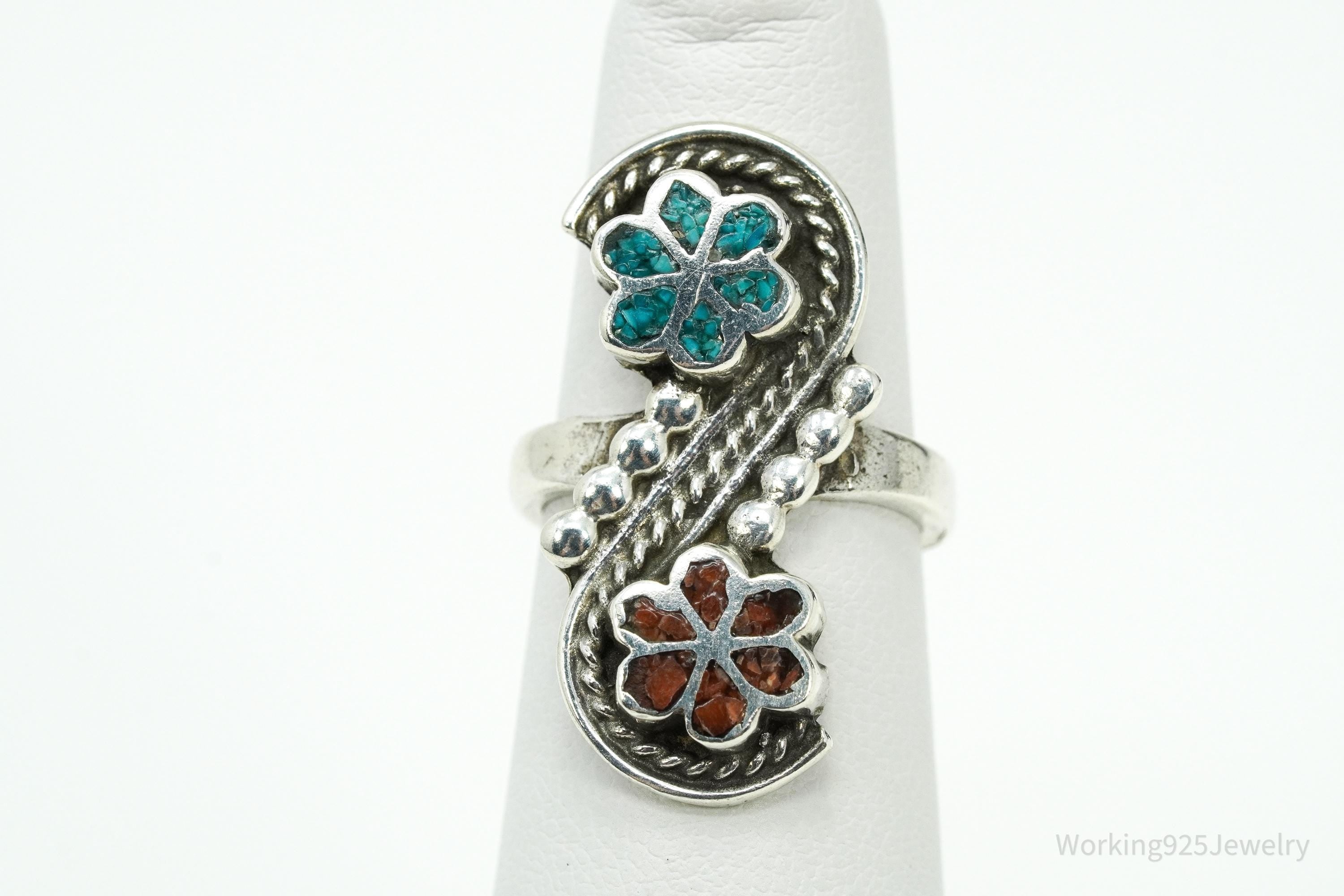 Vintage Native American Turquoise & Coral Inlay Silver Ring Size 5