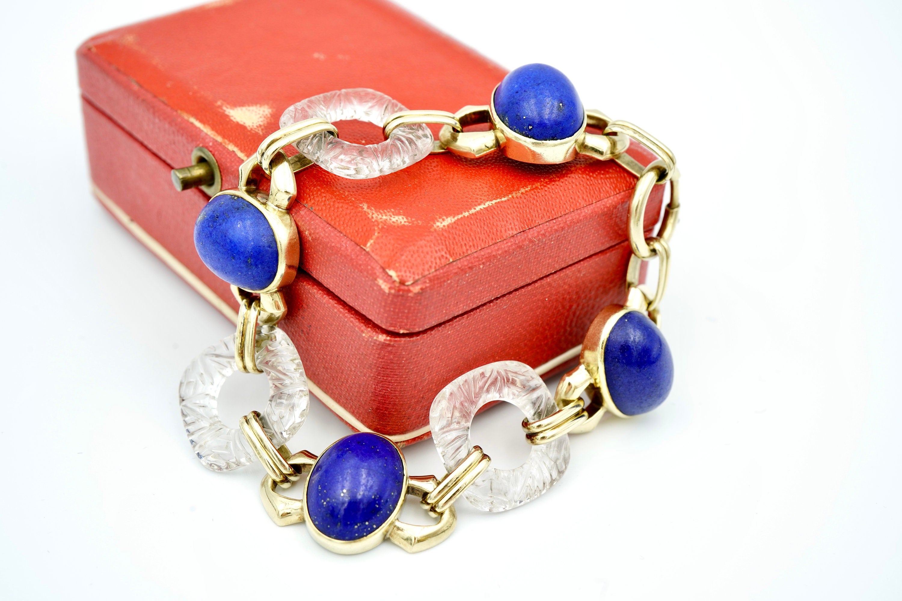 Vintage 14k Yellow Gold Lapis Lazuli & Rock Crystal Quartz Bracelet