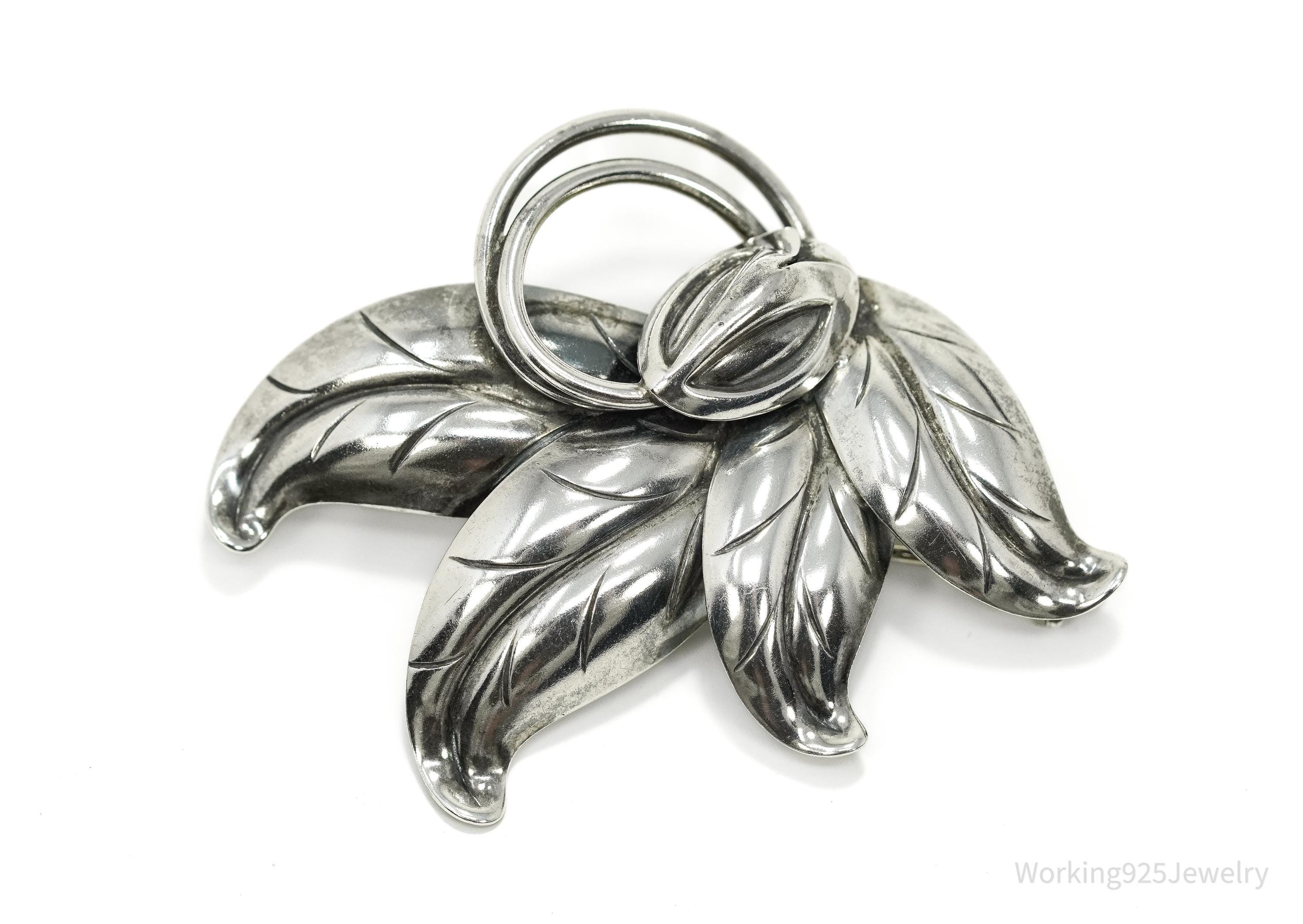 Large Vintage Denmark Hermann Siersbol Modernist Floral Sterling Silver Pin Brooch