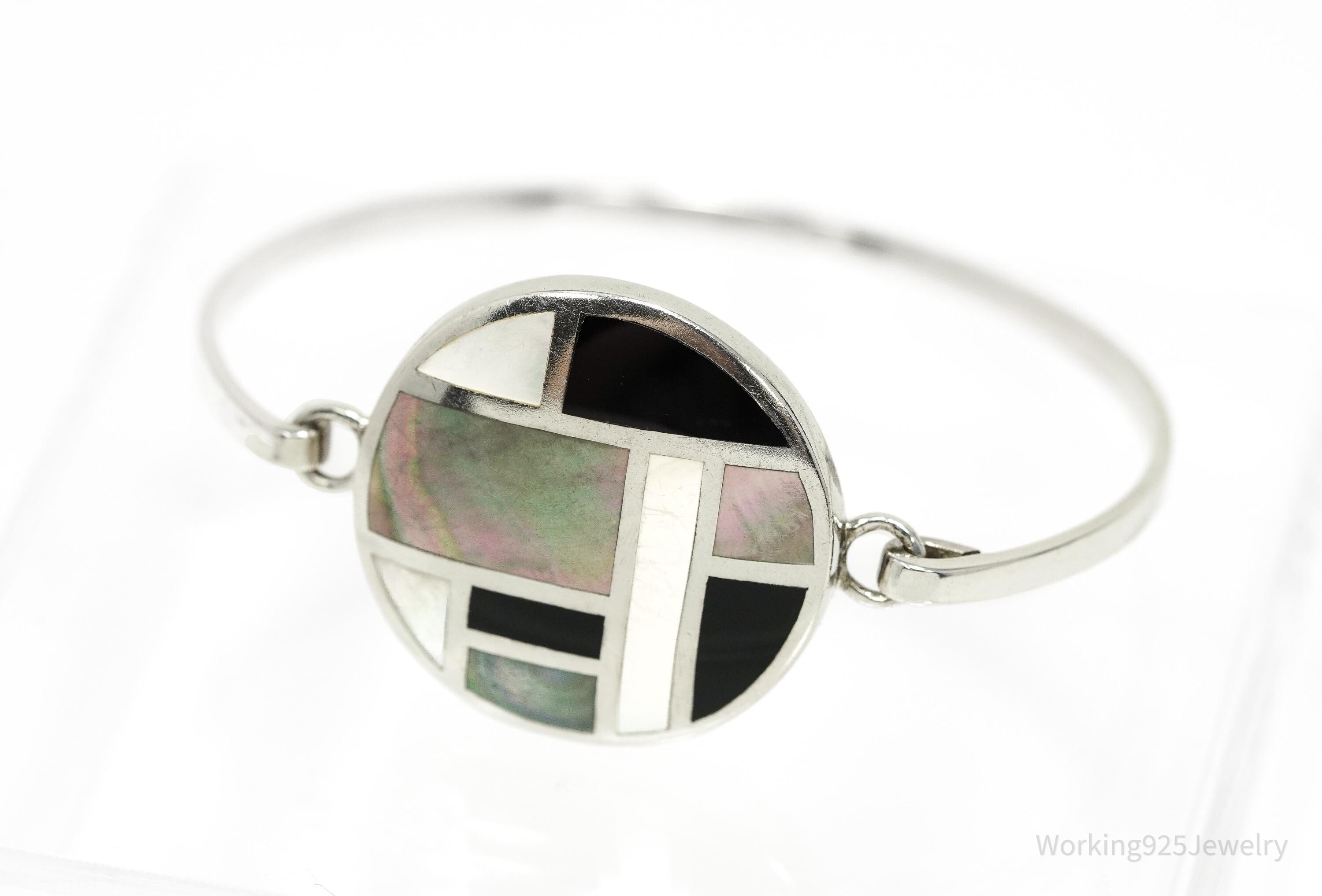 Vintage Black Onyx Mother Of Pearl Paua Shell Sterling Silver Bracelet 6.75"