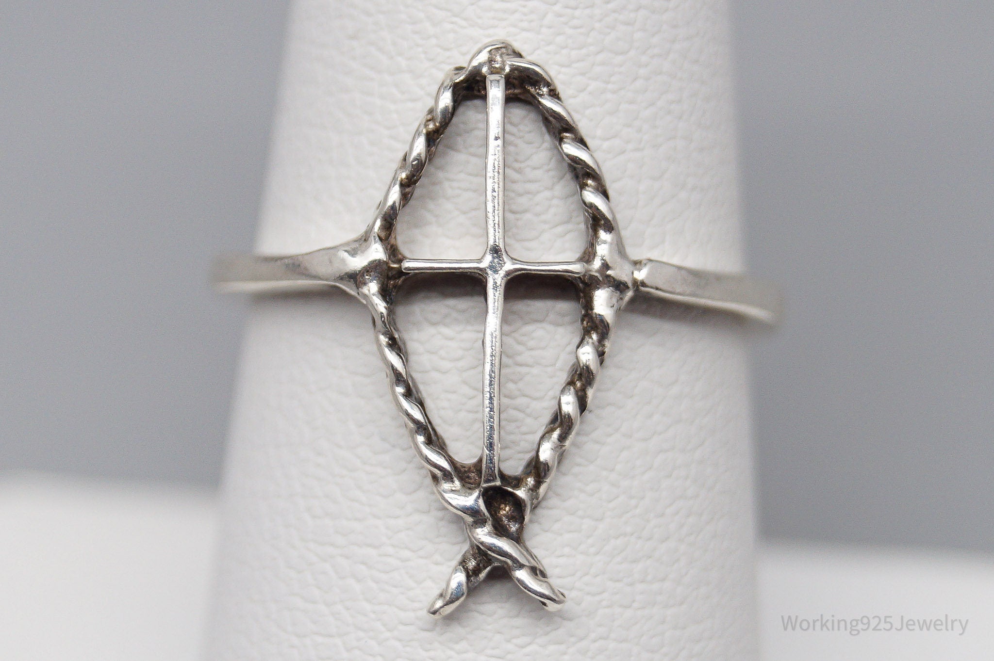 Vintage Ichthus Fish Cross Sterling Silver Ring - Size 7.25