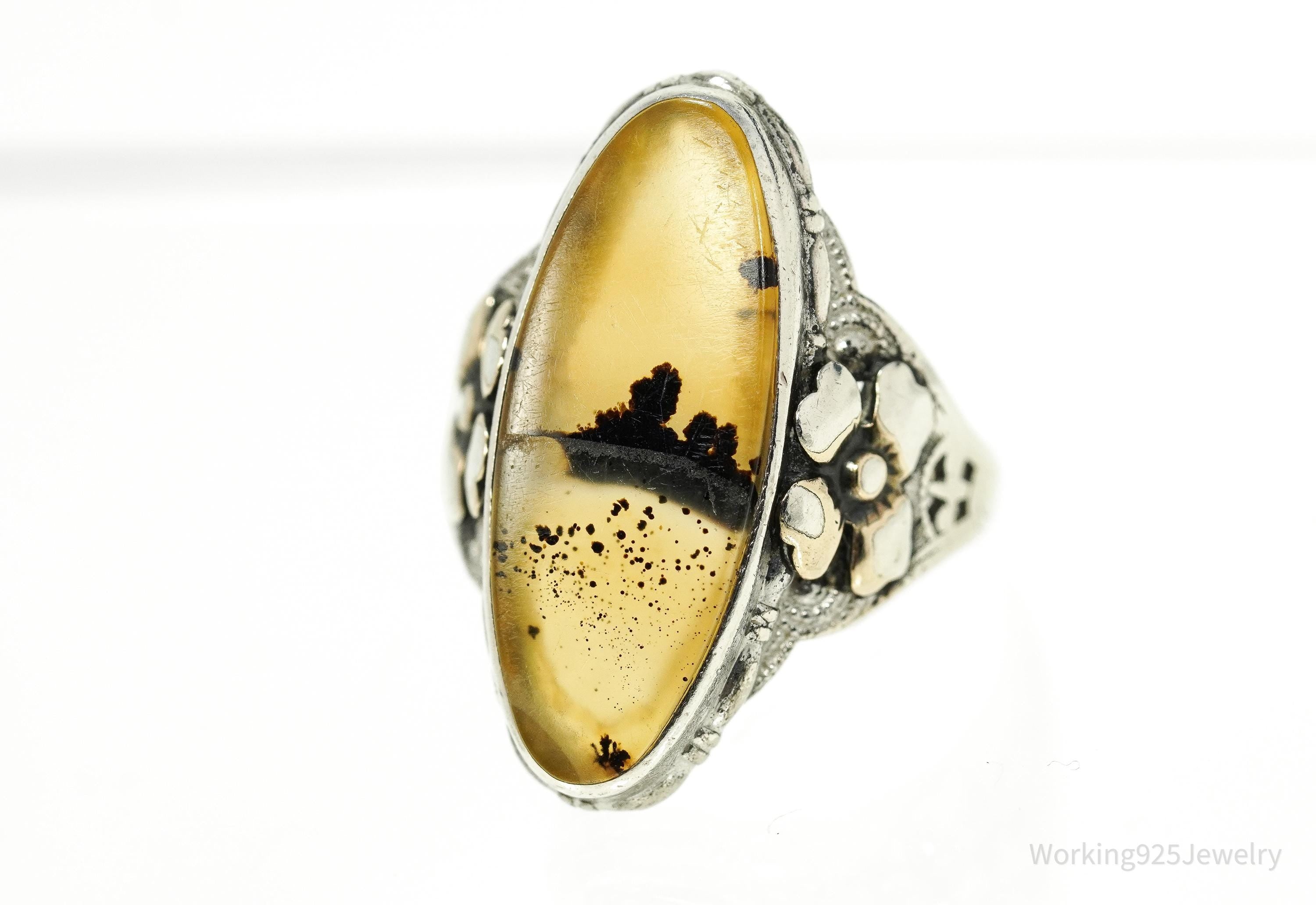 Antique Edwardian Ostby & Barton Agate Sterling Silver Ornate Ring Size 6.25