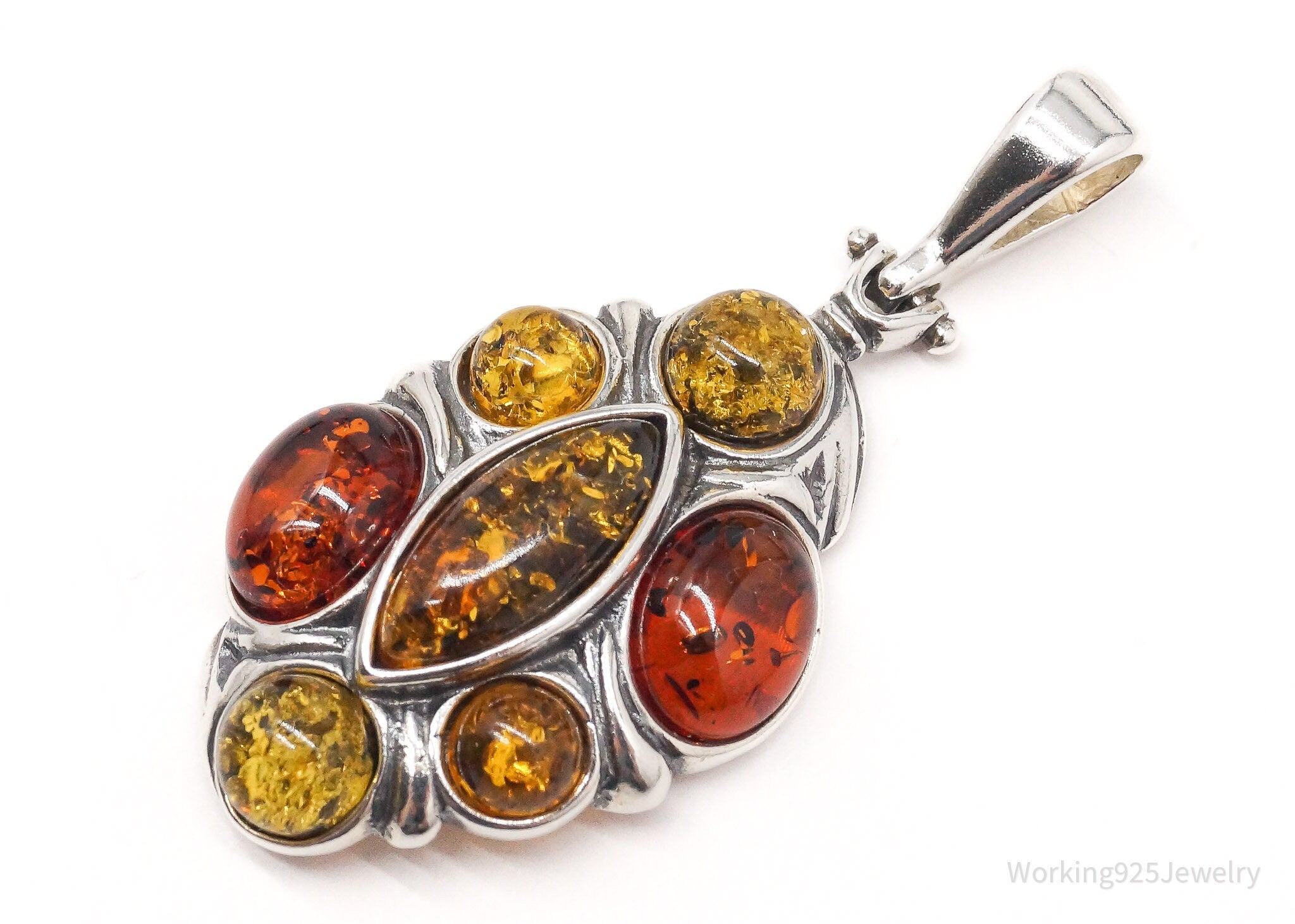Large Vintage Multi Type Amber Sterling Silver Necklace Pendant