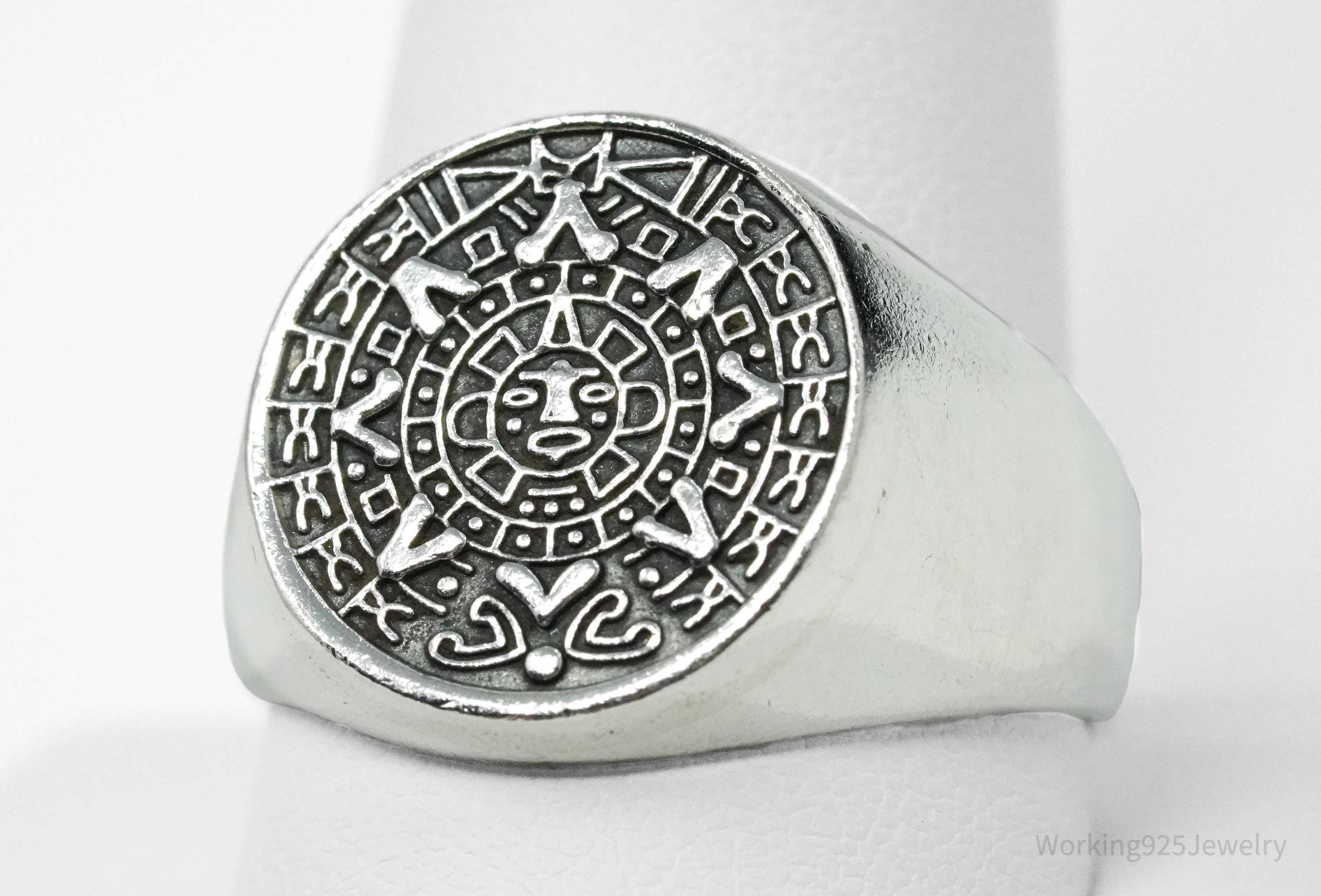 Vintage Aztec Mayan Sun Calendar Sterling Silver Ring Size 11.5