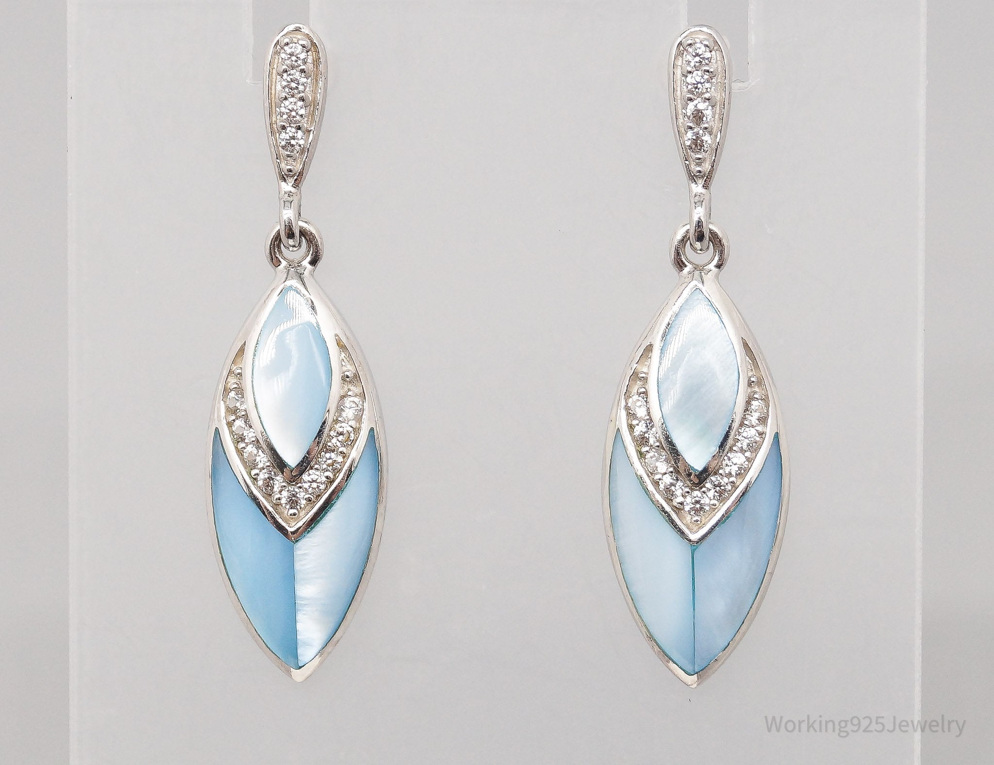 JTV Blue Mother Of Pearl & White Zircon Rhodium Over Sterling Silver Earrings