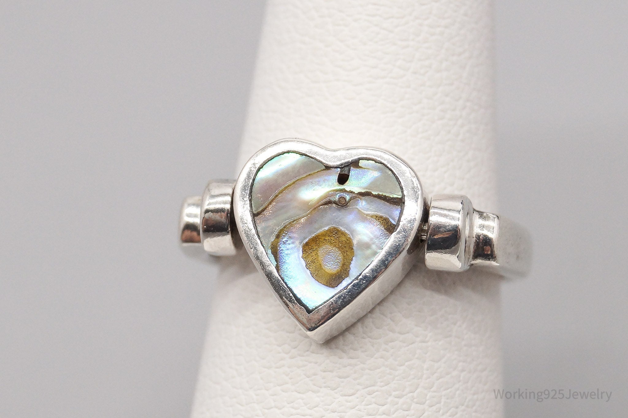 Vintage Spinning Paua Abalone Shell Heart Sterling Silver Ring - Size 5.75