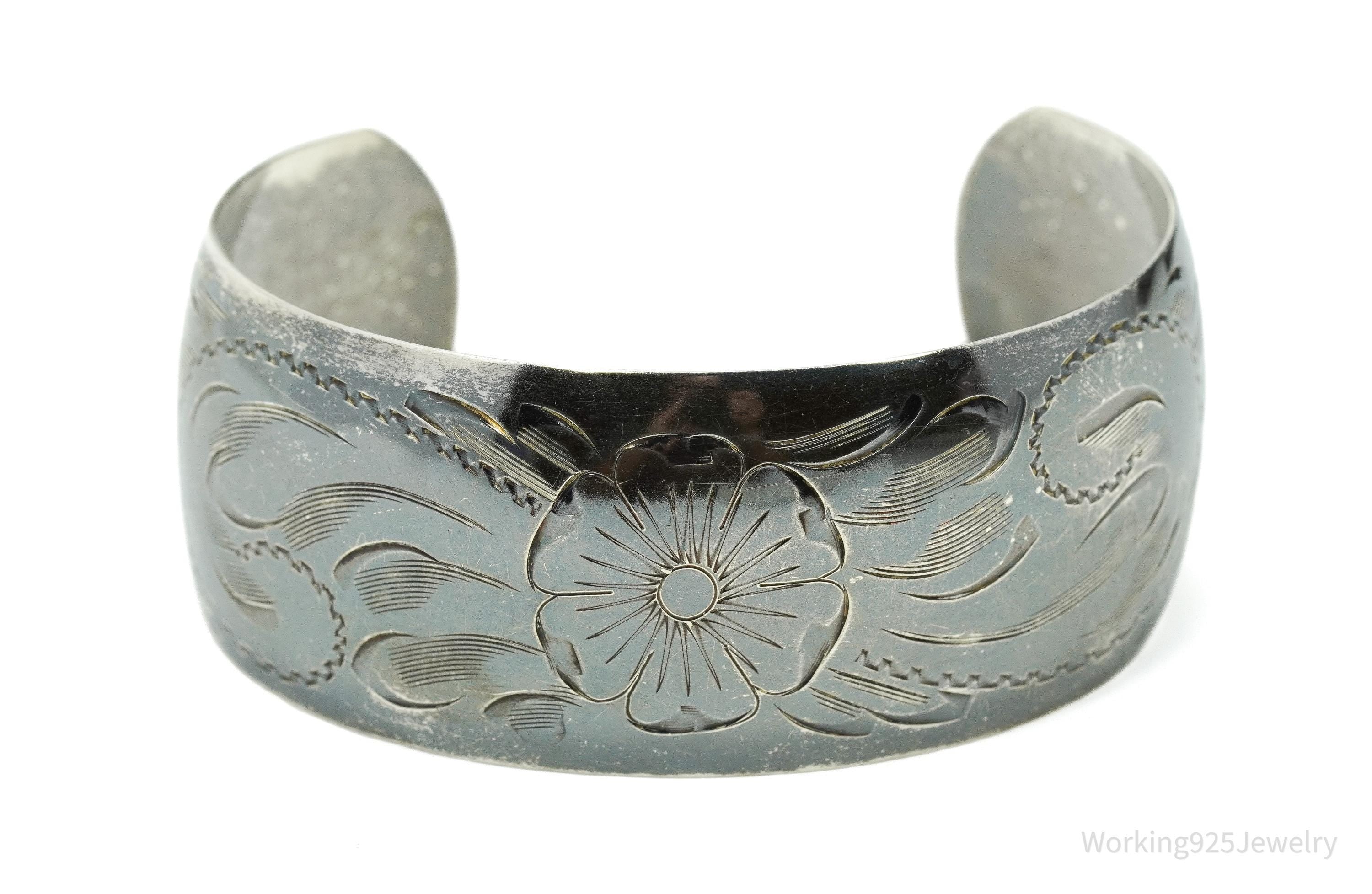 Antique Art Nouveau Floral Etched Sterling Silver Cuff Bracelet - 7 5/8"