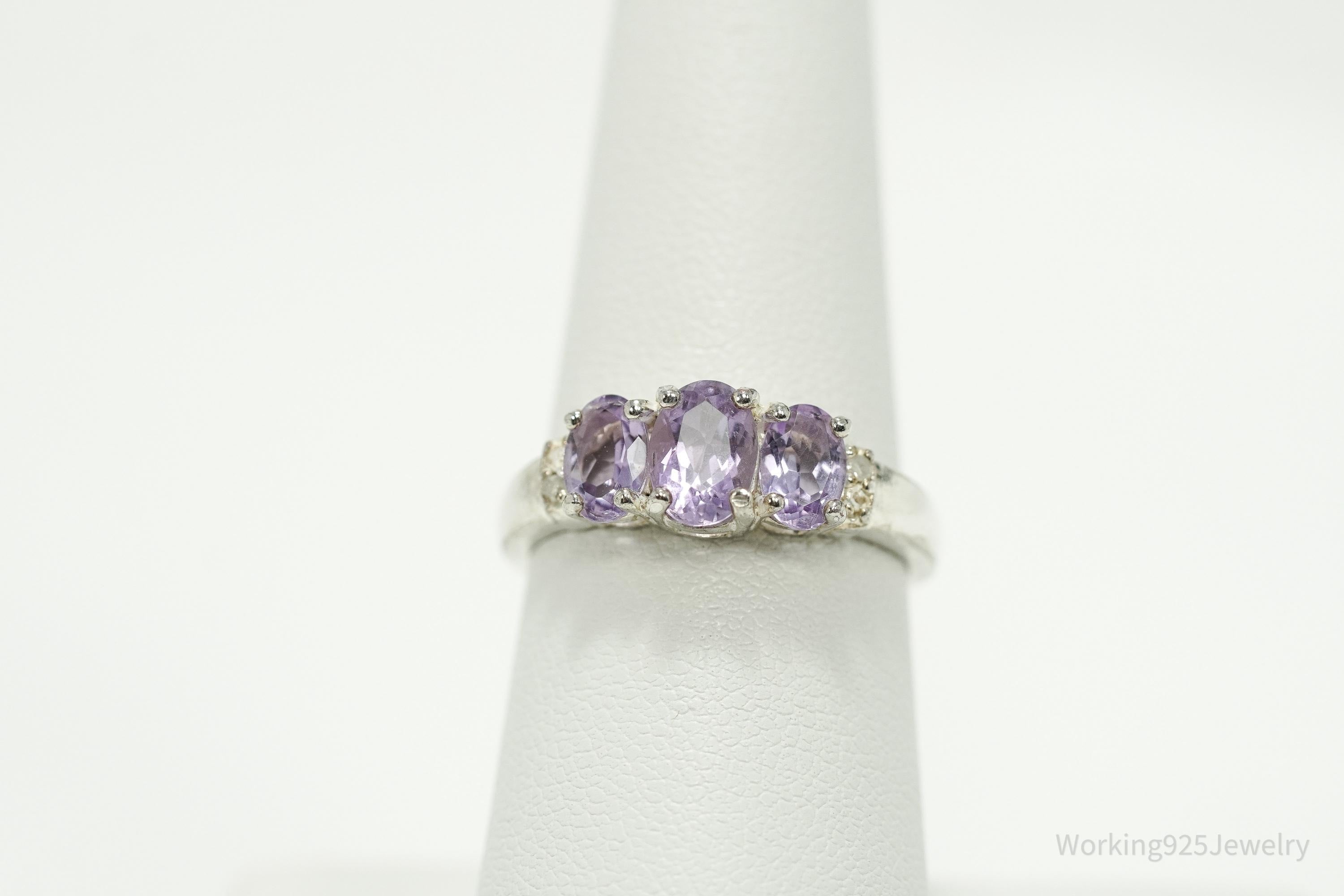 Vintage Amethyst & Diamond Sterling Silver Ring - Size 7
