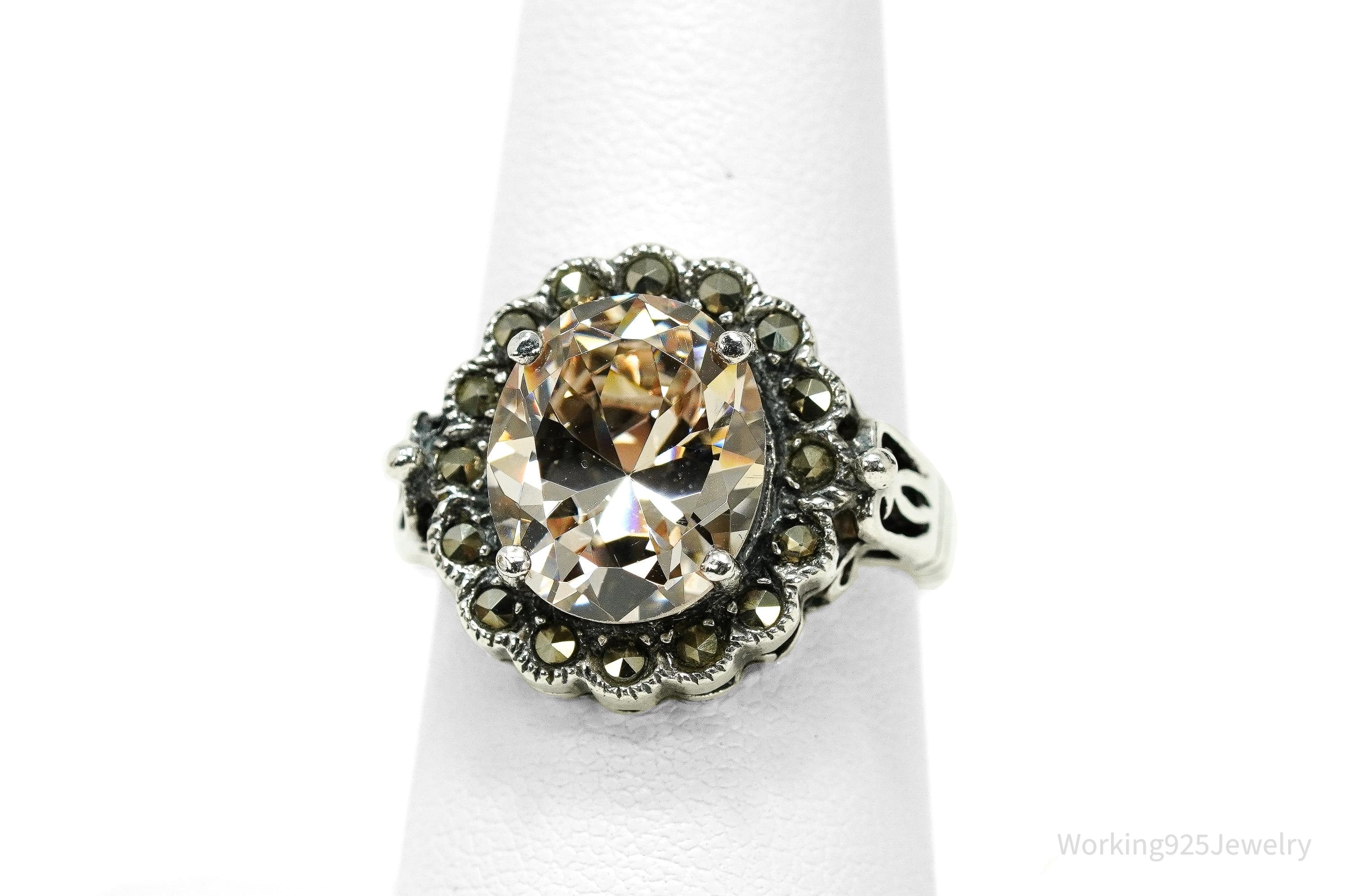 Vintage Large Champagne Cubic Zirconia & Marcasite Sterling Silver Ring - Size 7.25