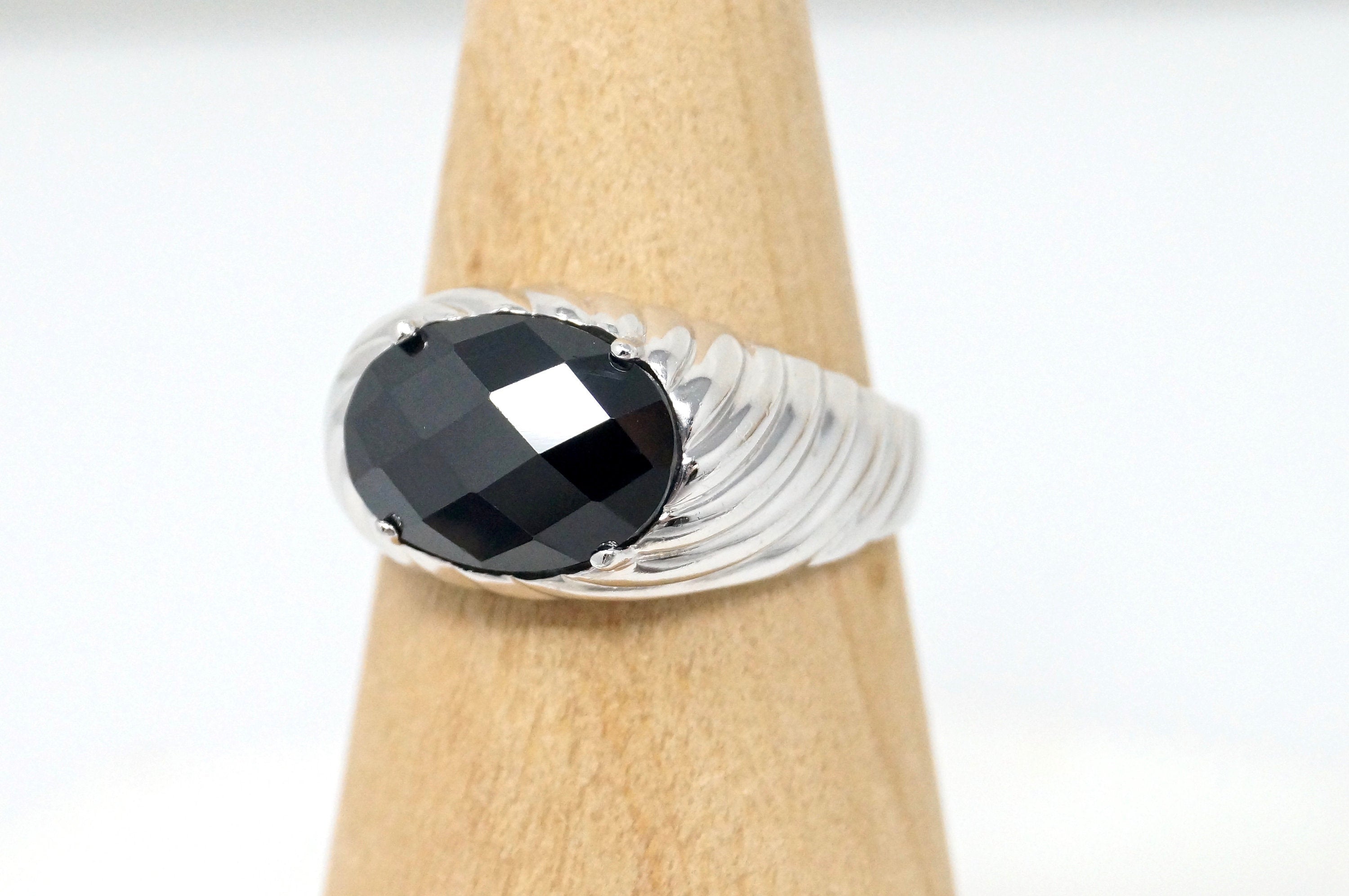Vintage Large Oval Black Onyx Cable Cord Sterling Silver Ring - Size 12