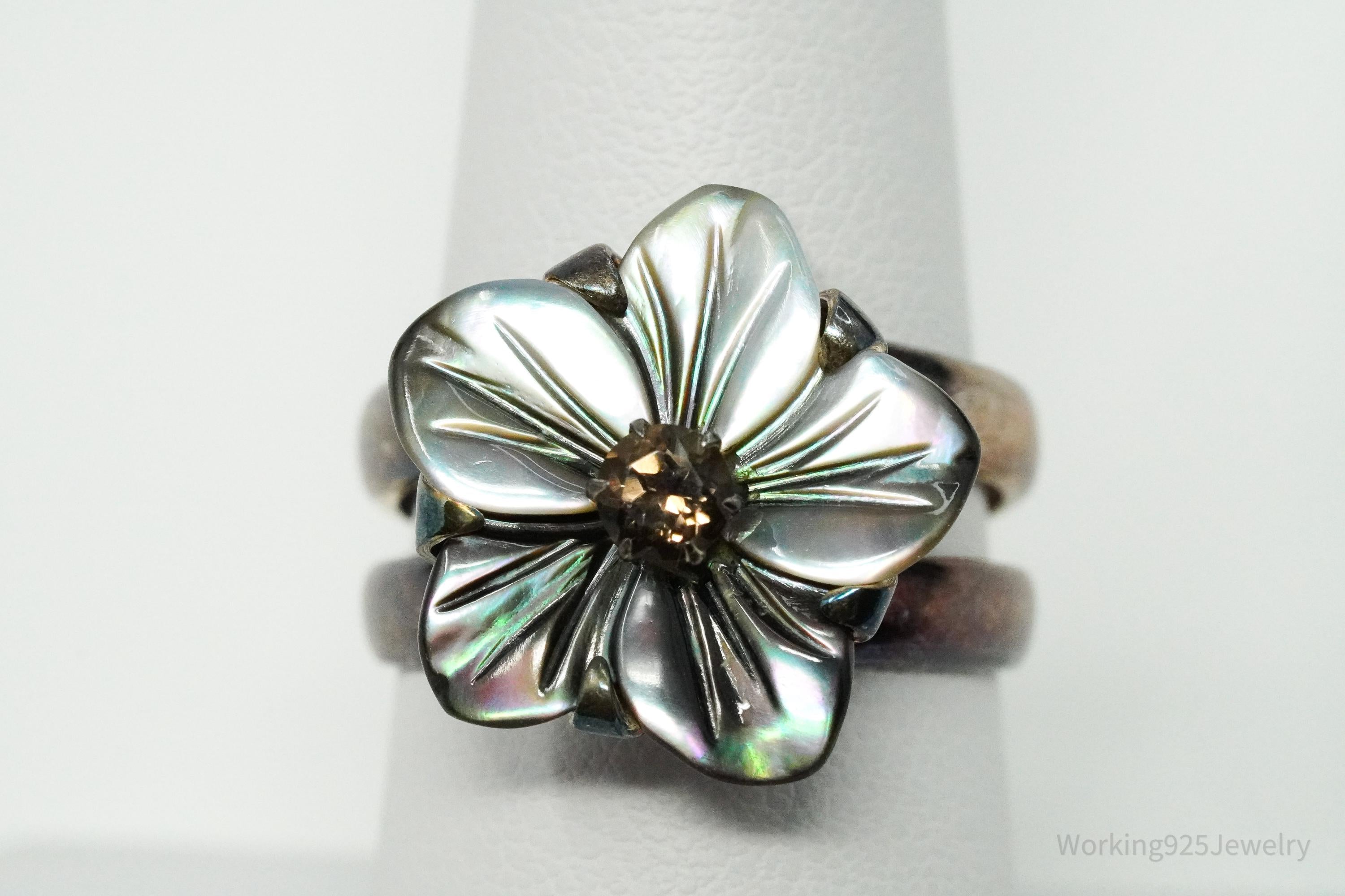 Vintage Black Mother Of Pearl & Smoke Topaz Flower Sterling Silver Ring - Size 8