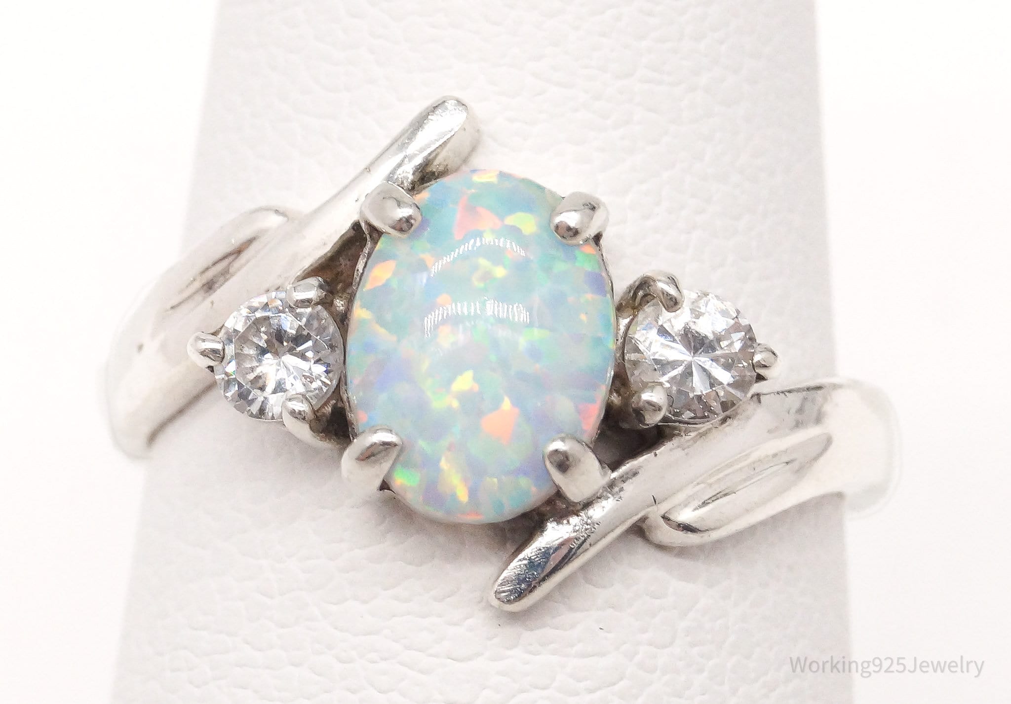 Vintage Opal Cubic Zirconia Sterling Silver Ring - Size 6.25