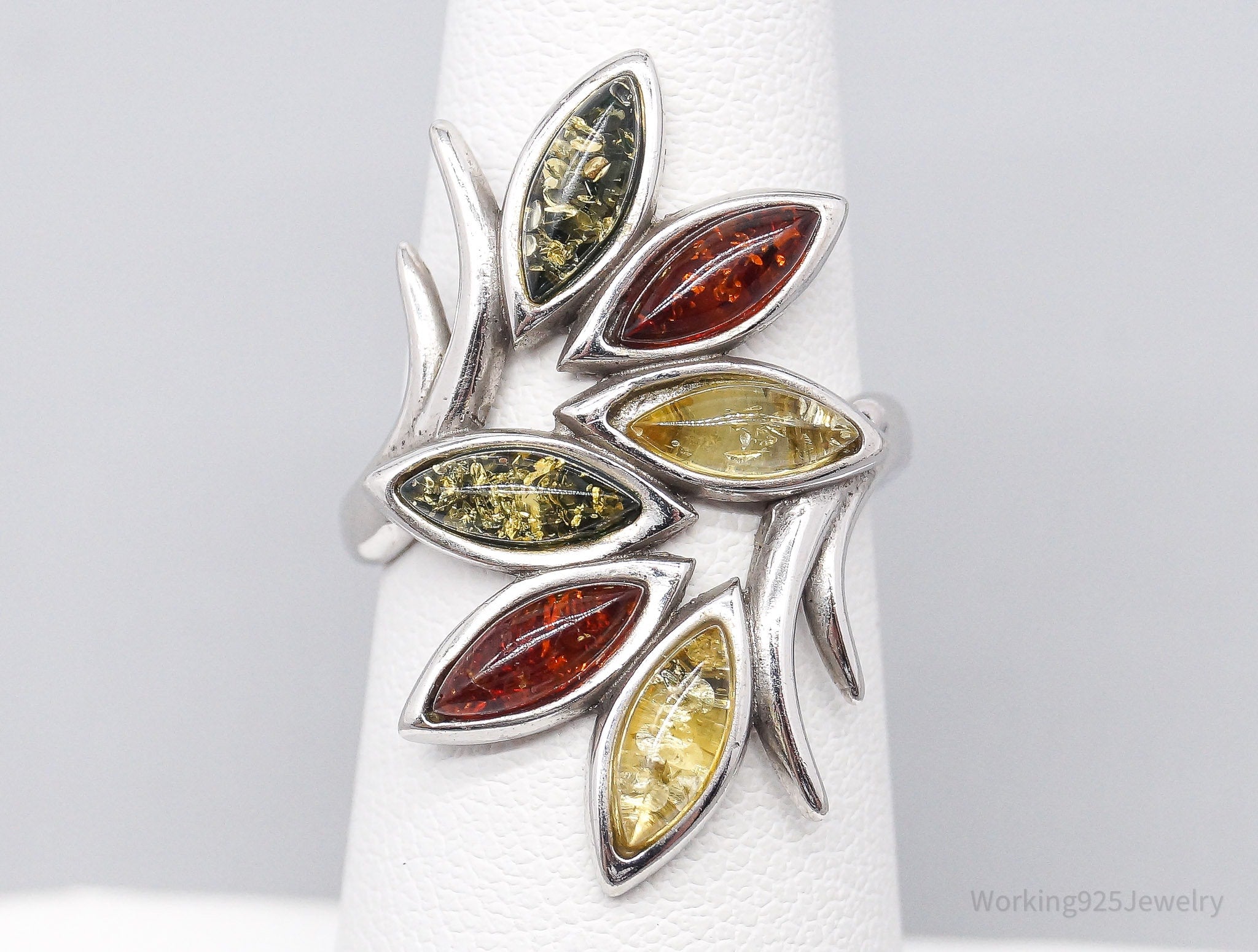 Modernist Style Multi Color Amber Gemstone Sterling Silver Ring - Size 6