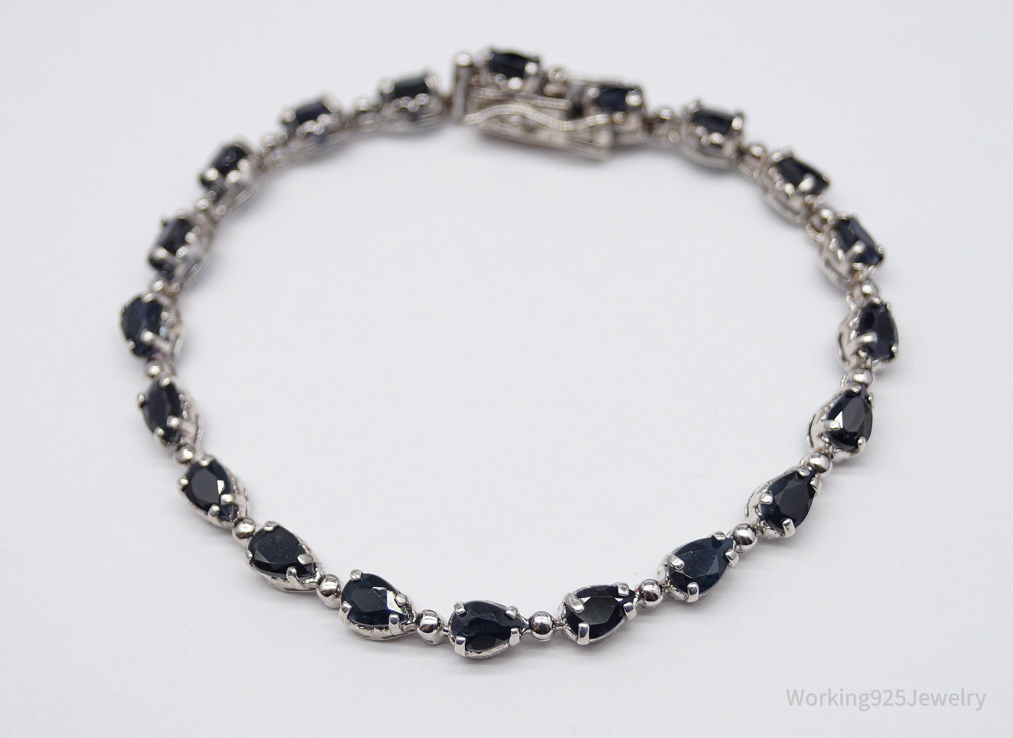 Vintage Blue Sapphire Sterling Silver Tennis Bracelet - 7 5/8"