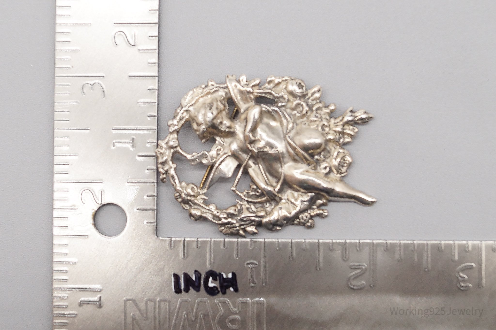 Large Vintage Cupid Angel Sterling Silver Brooch Pin