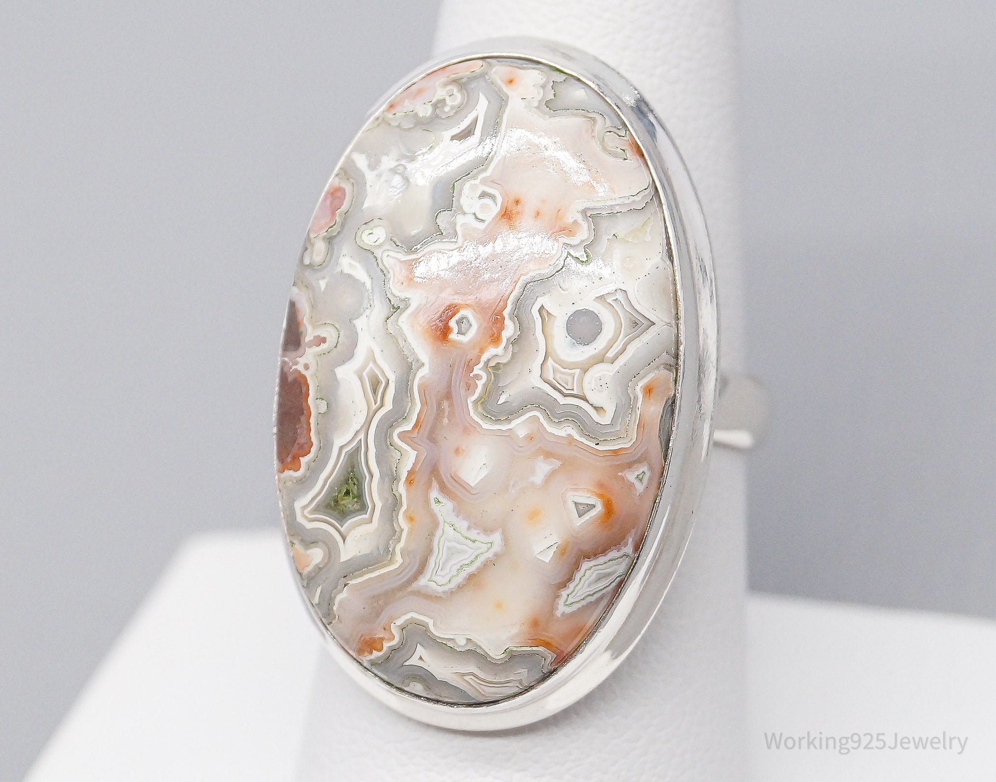 Vintage Large Crazy Lace Agate Sterling Silver Ring - Size 7.75