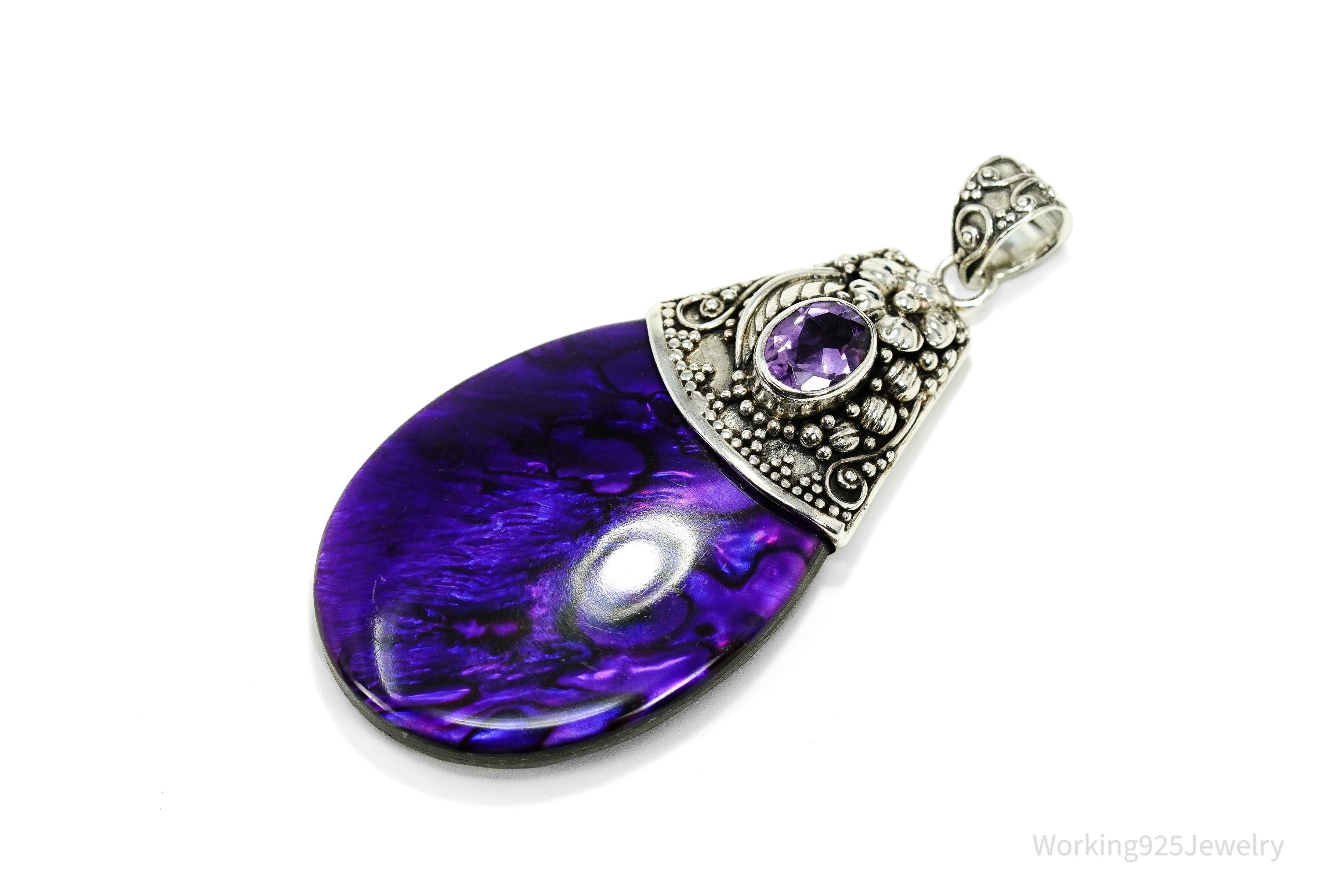 Vintage Large Purple Paua Abalone Shell & Amethyst Sterling Silver Pendant