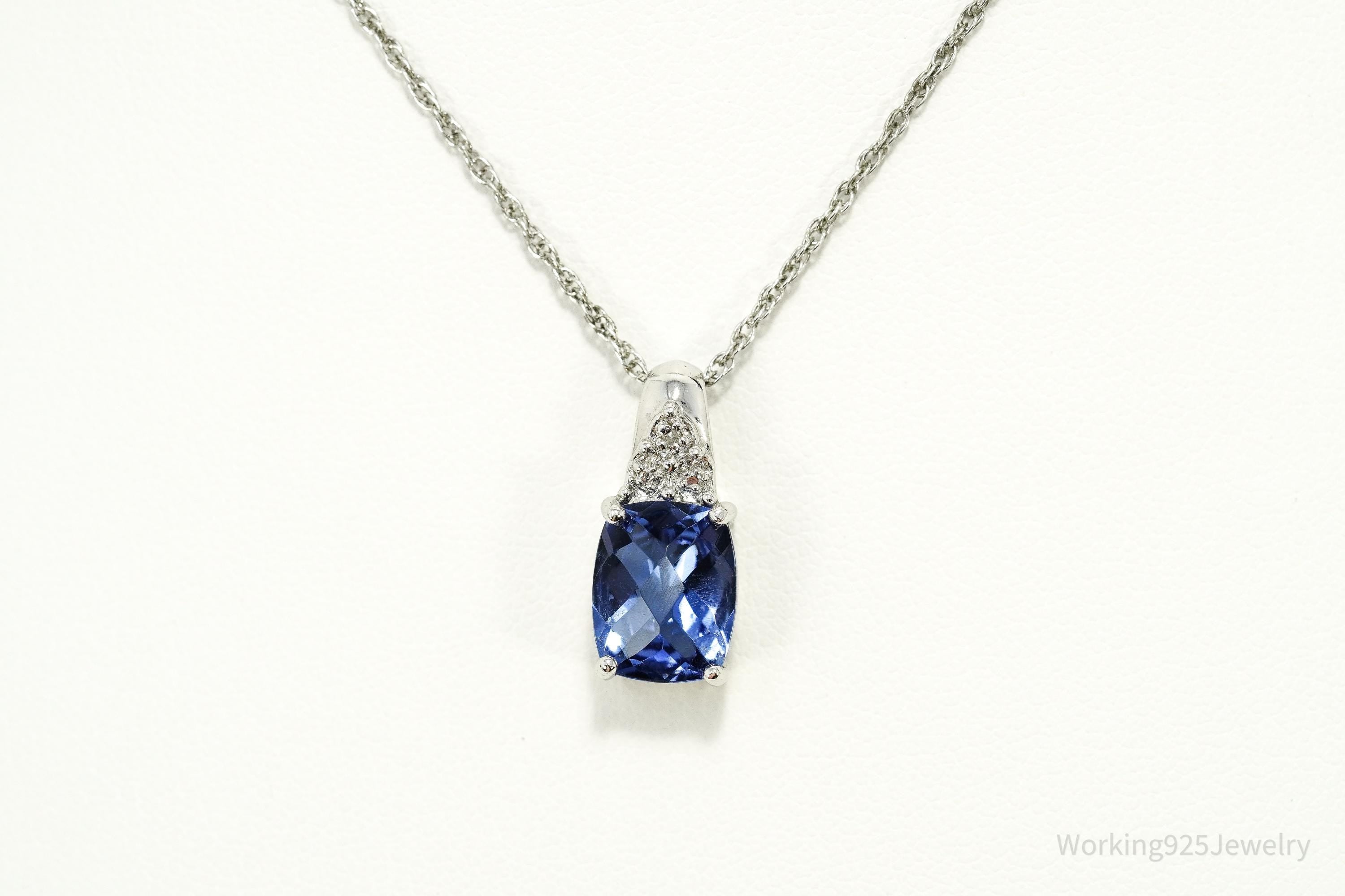 Vintage Ross Simons Lab Created Blue Sapphire & Single Diamond Sterling Silver Necklace 18"