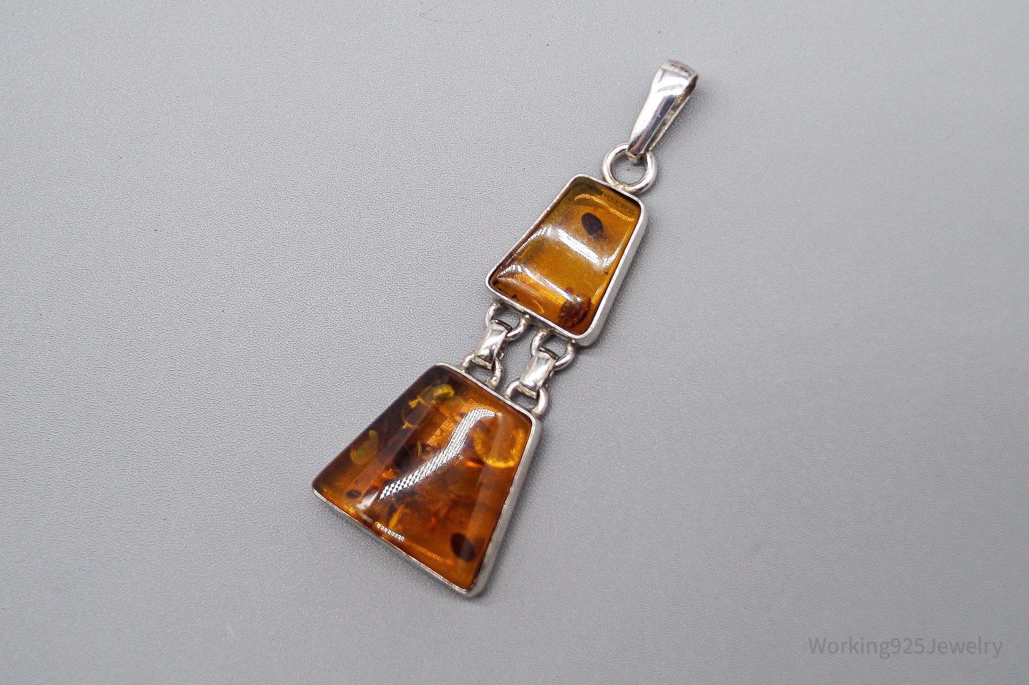 Large Vintage Amber Silver Necklace Pendant