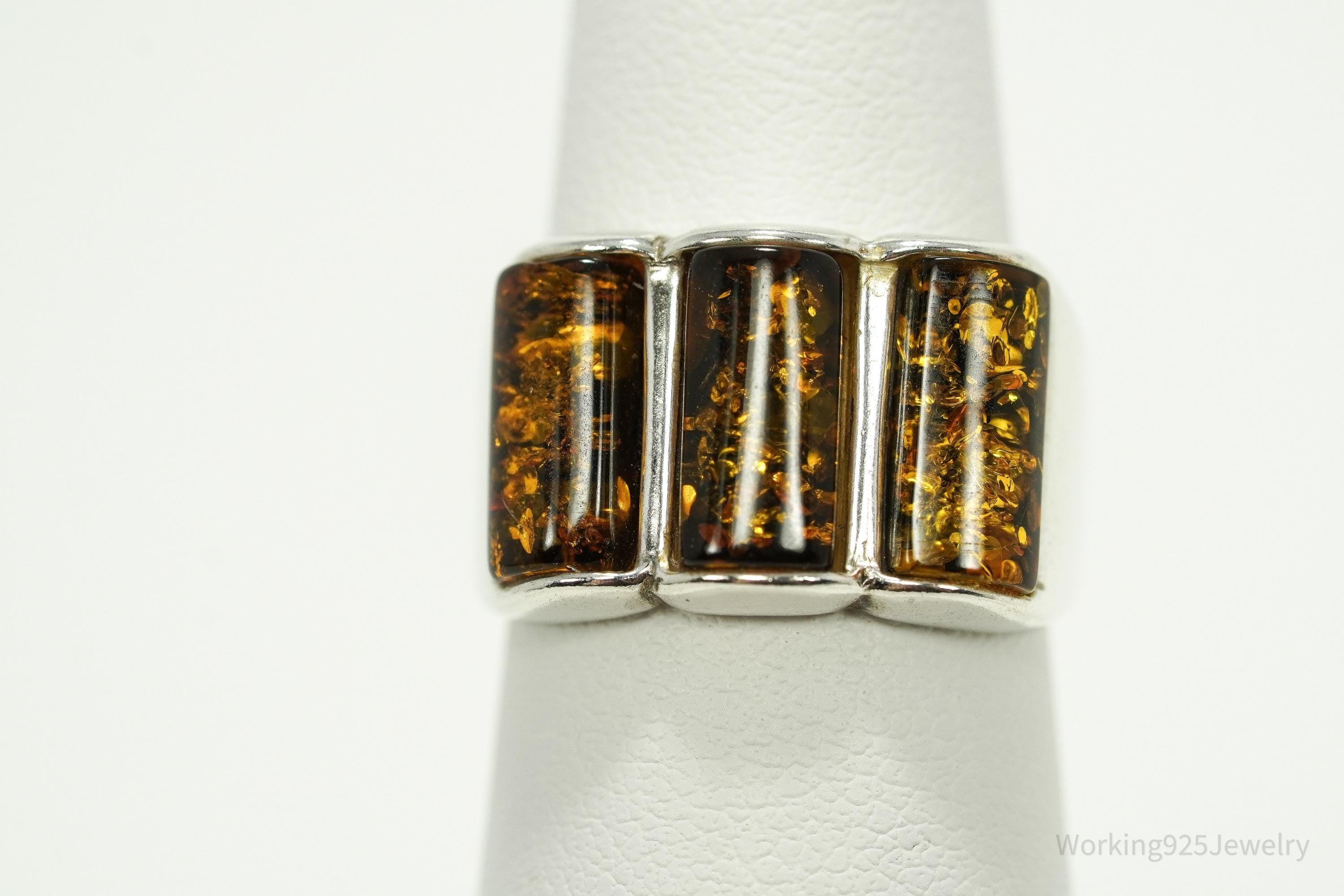 Vintage Amber Modernist Style Sterling Silver Ring - Size 6
