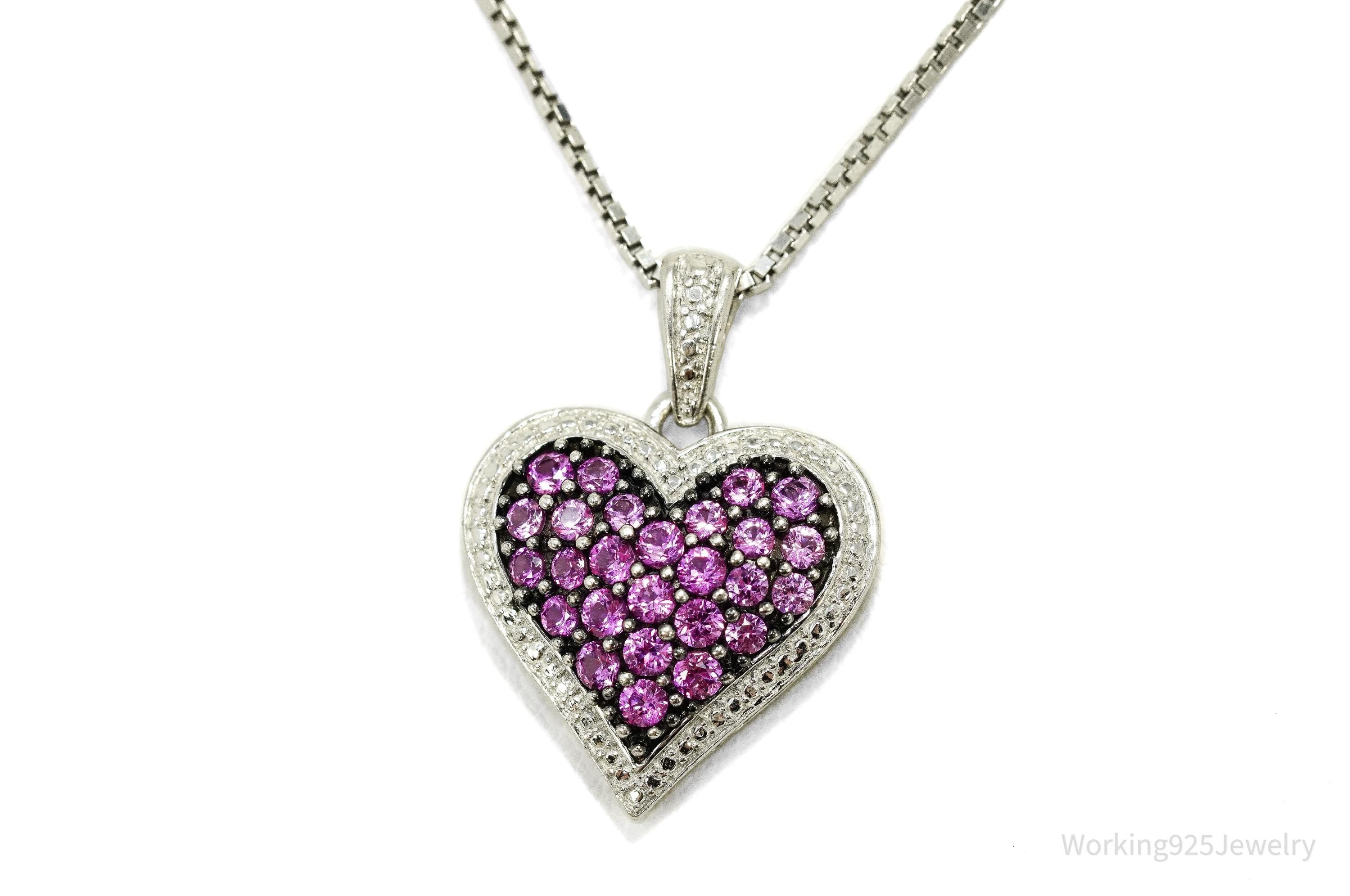 Vintage Pink Sapphire Heart Sterling Silver Necklace 14"