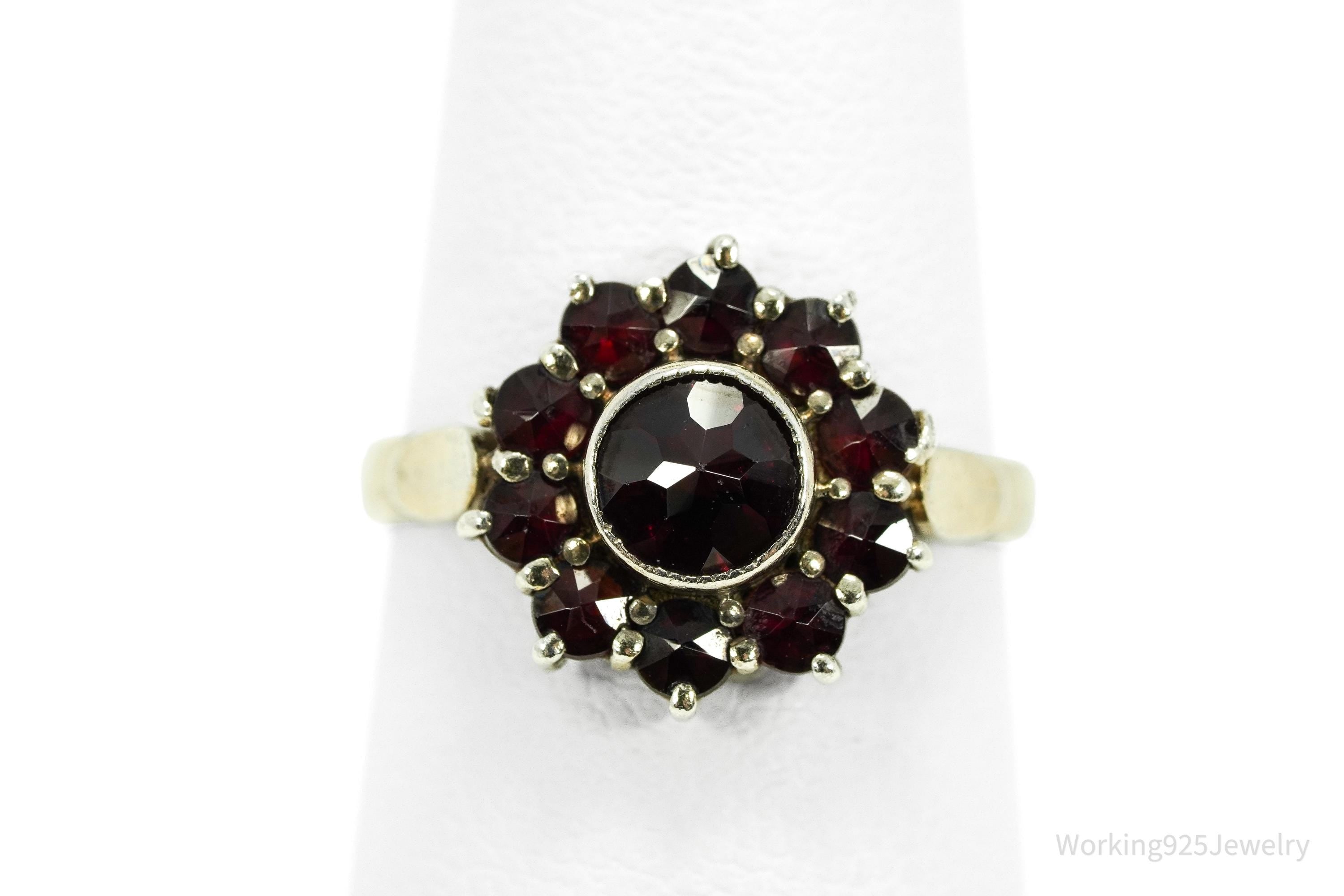 Antique Bohemian Garnet Flower Gold Wash Silver Ring - Size 5.5