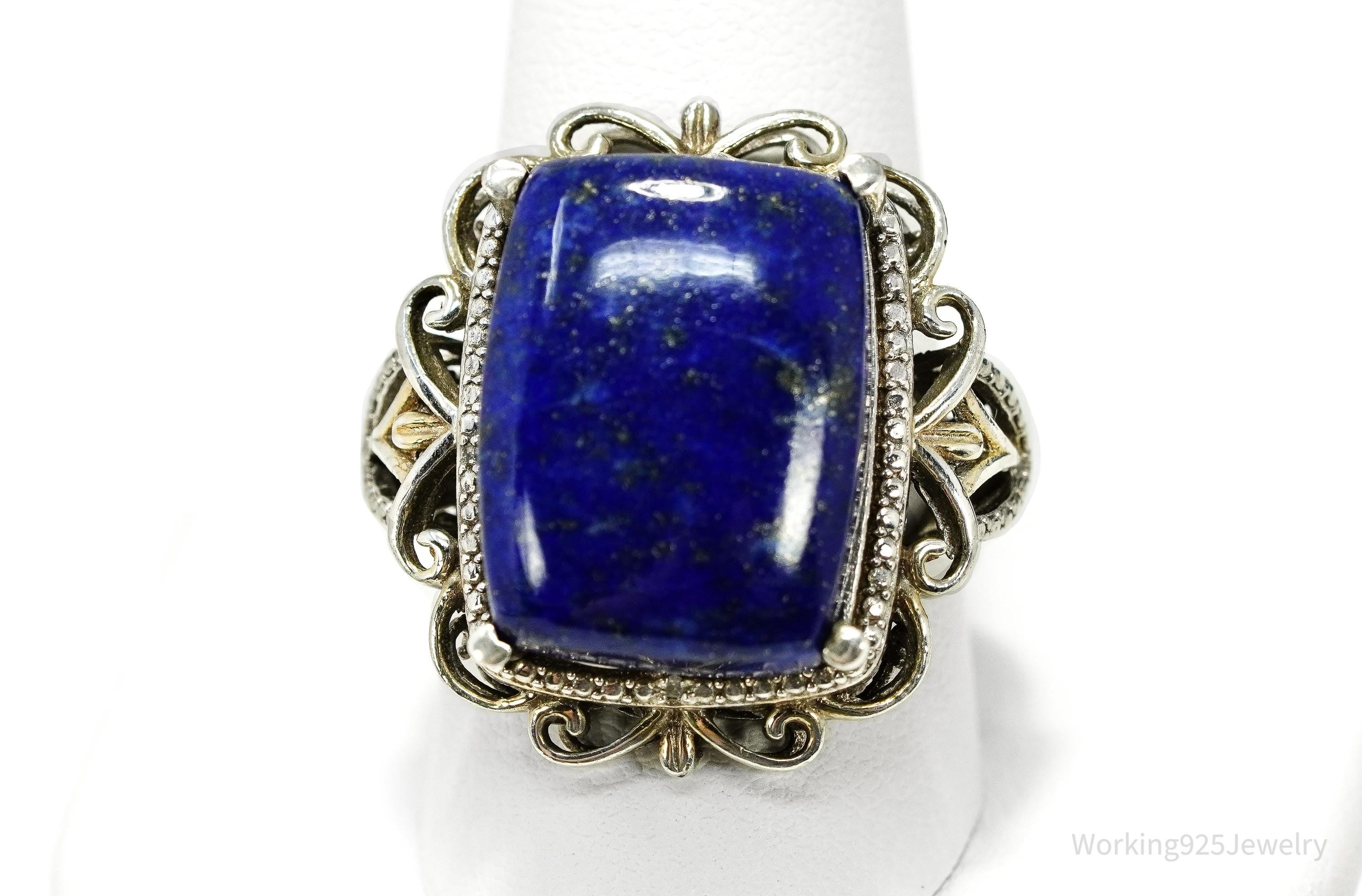 Vintage Lapis Lazuli & Diamond Gold Over Sterling Silver Ring - Size 10