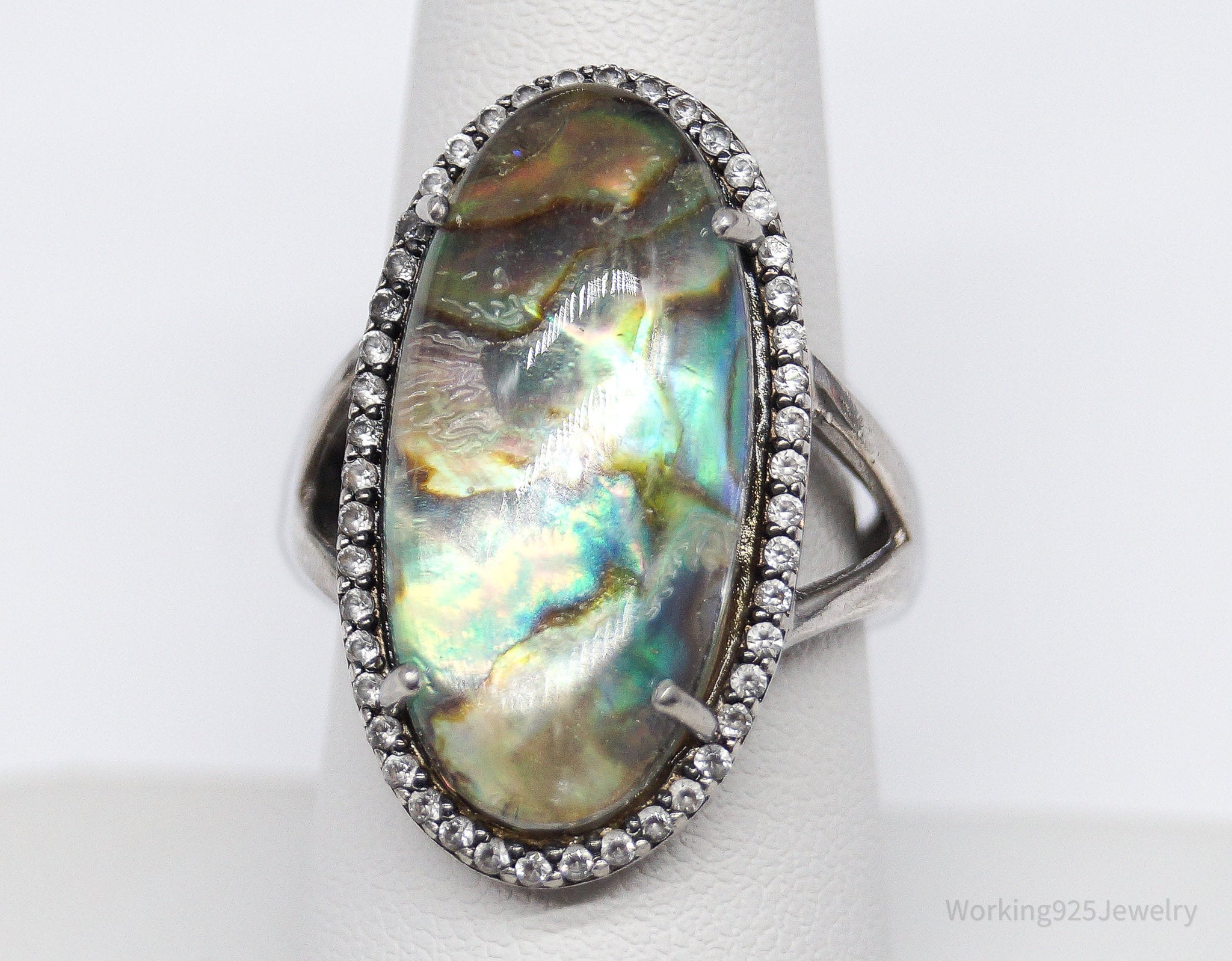 Vintage Paua Abalone Shell White Topaz Sterling Silver Ring - Size 8