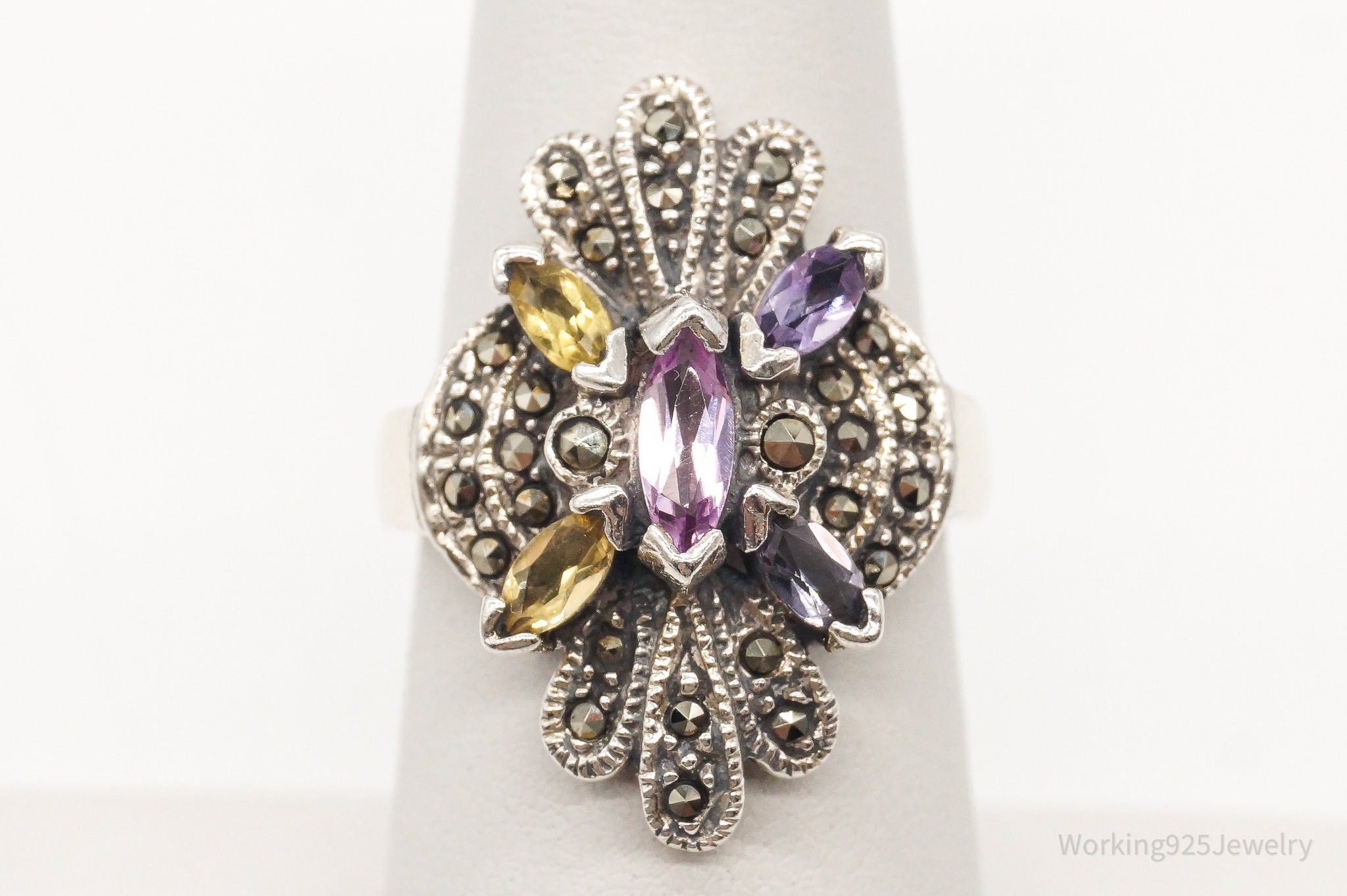 Vintage Marcasite Amethyst Citrine Sterling Silver Ring - Size 6.75