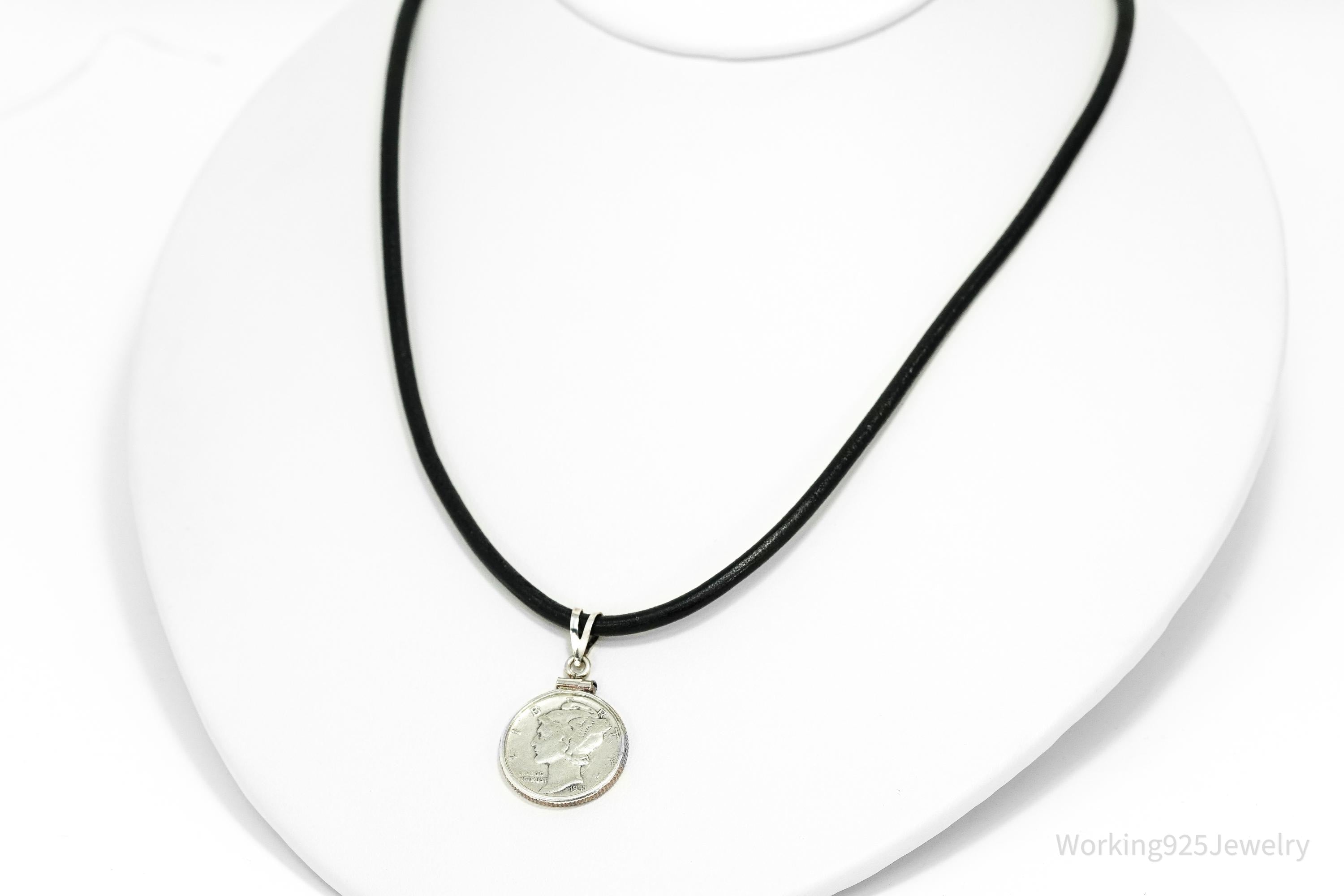 Vintage 1941 Mercury Dime Coin Silver Pendant Leather Cord Necklace 17"