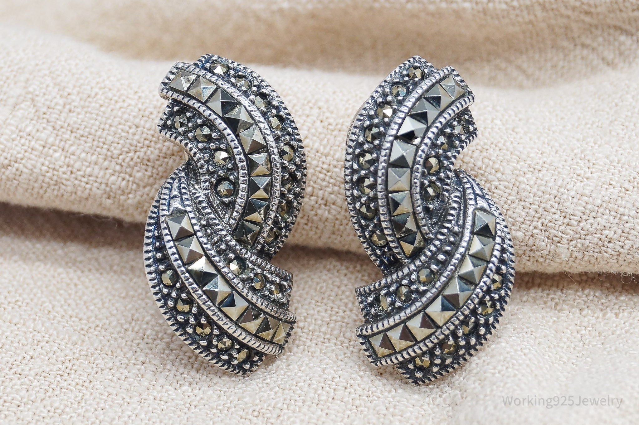 Vintage Judith Jack Marcasite Sterling Silver Clip On Earrings