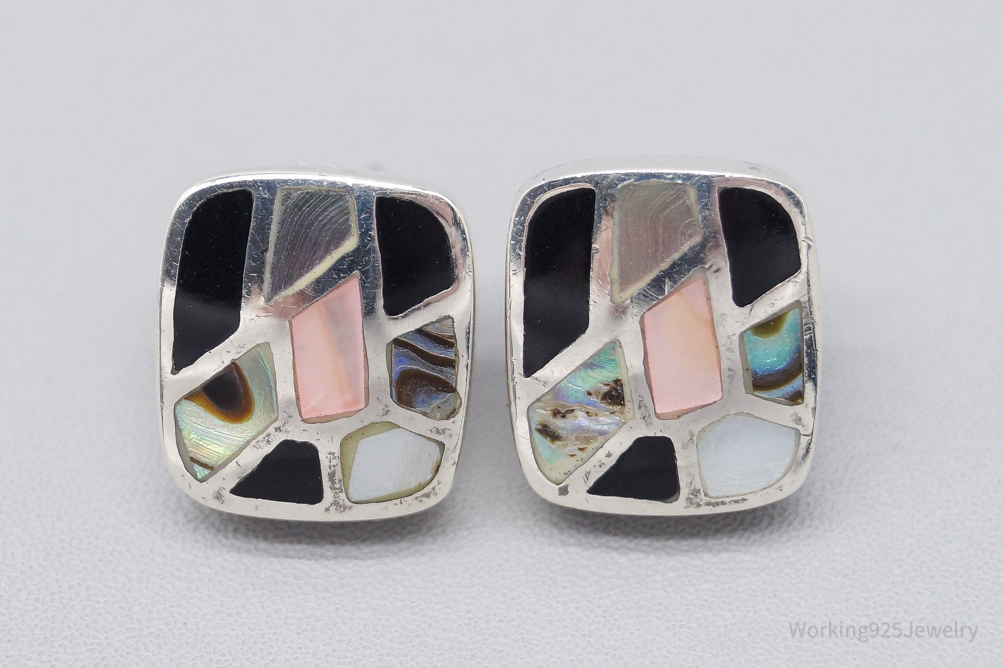 VTG Mother Of Pearl Black Onyx Paua Abalone Shell Inlay Sterling Silver Earrings