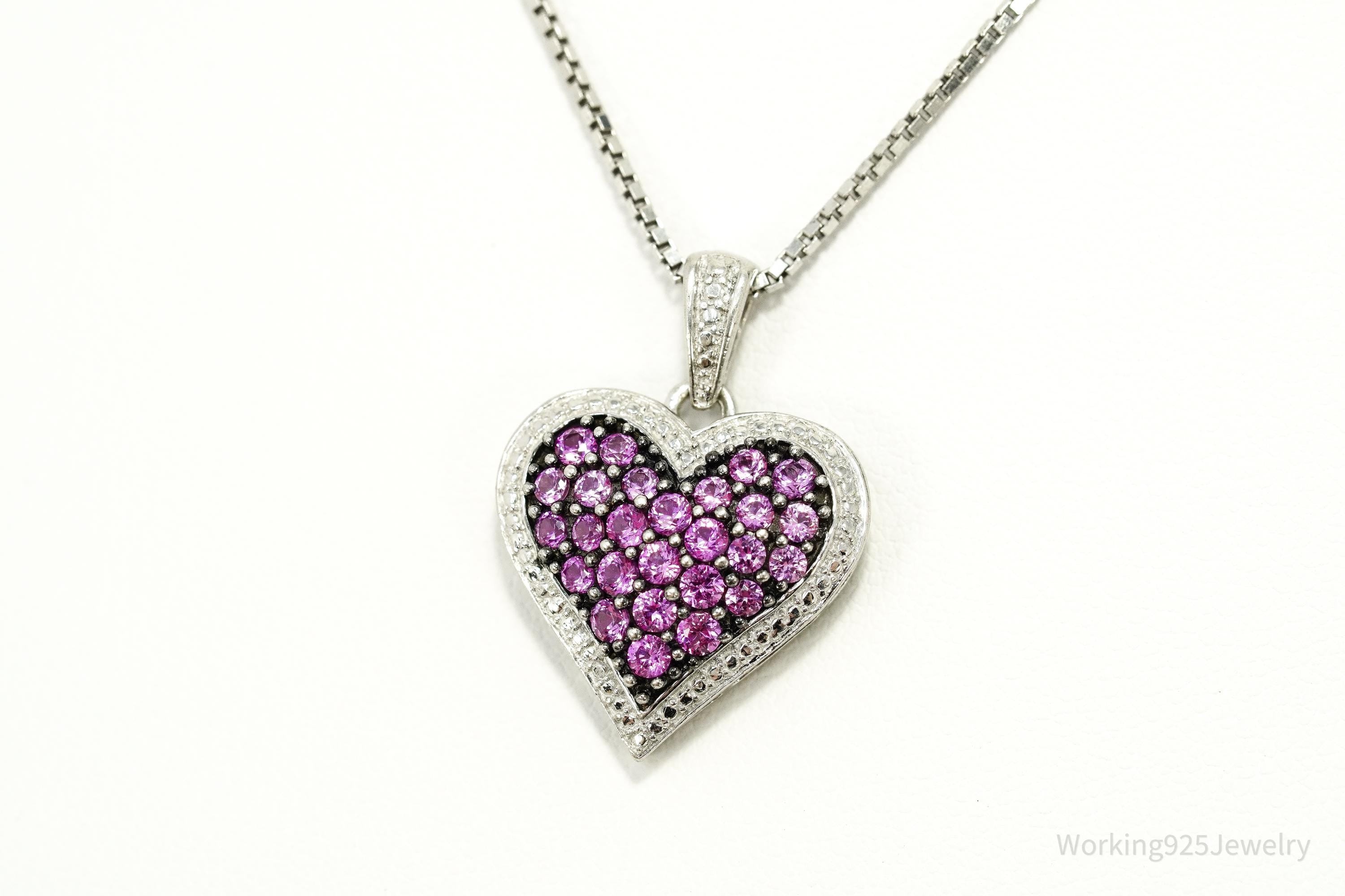 Vintage Pink Sapphire Heart Sterling Silver Necklace 14"