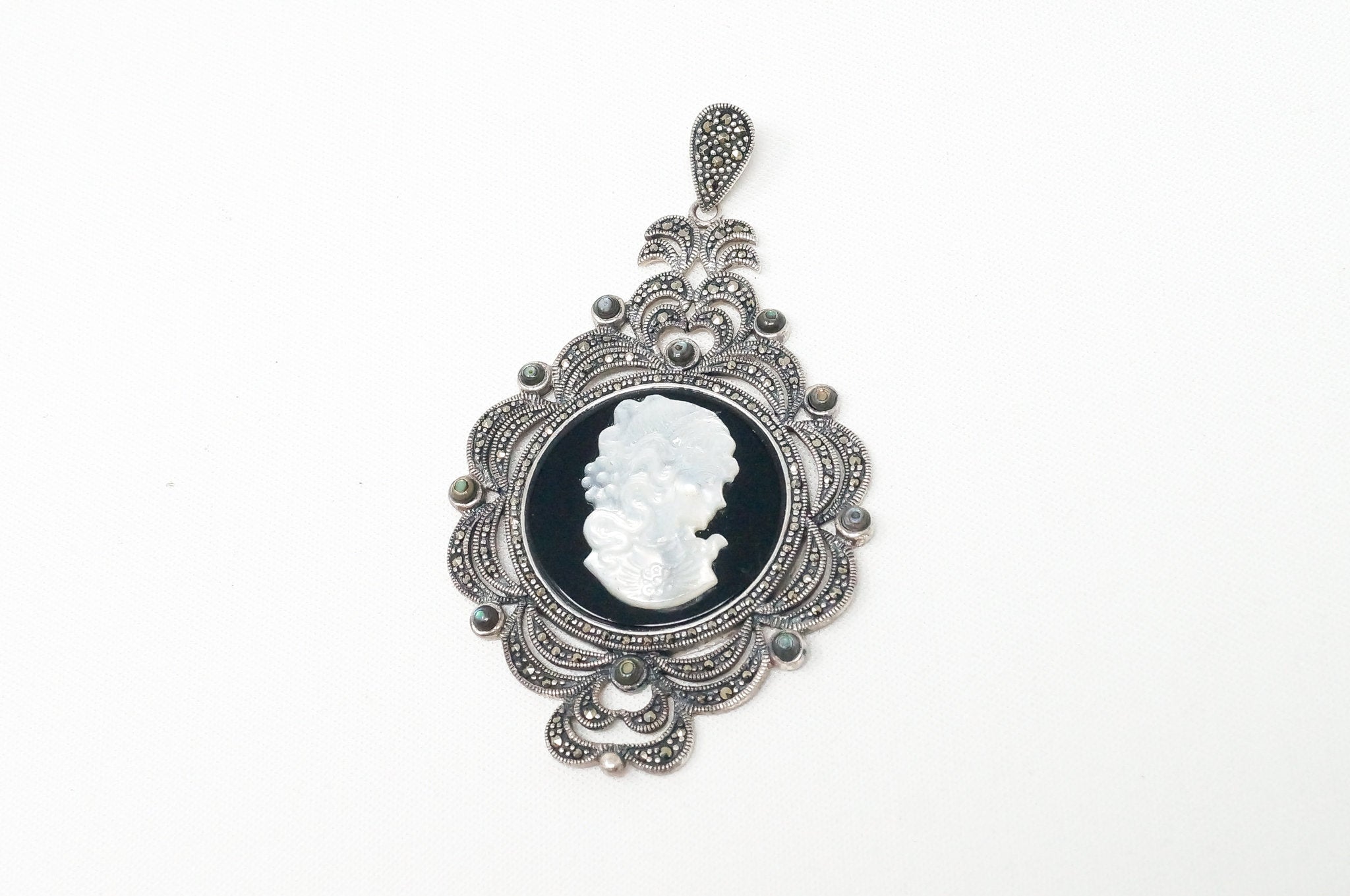 Vtg Carved Cameo Mother Of Pearl Marcasite Sterling Silver Necklace Pendant