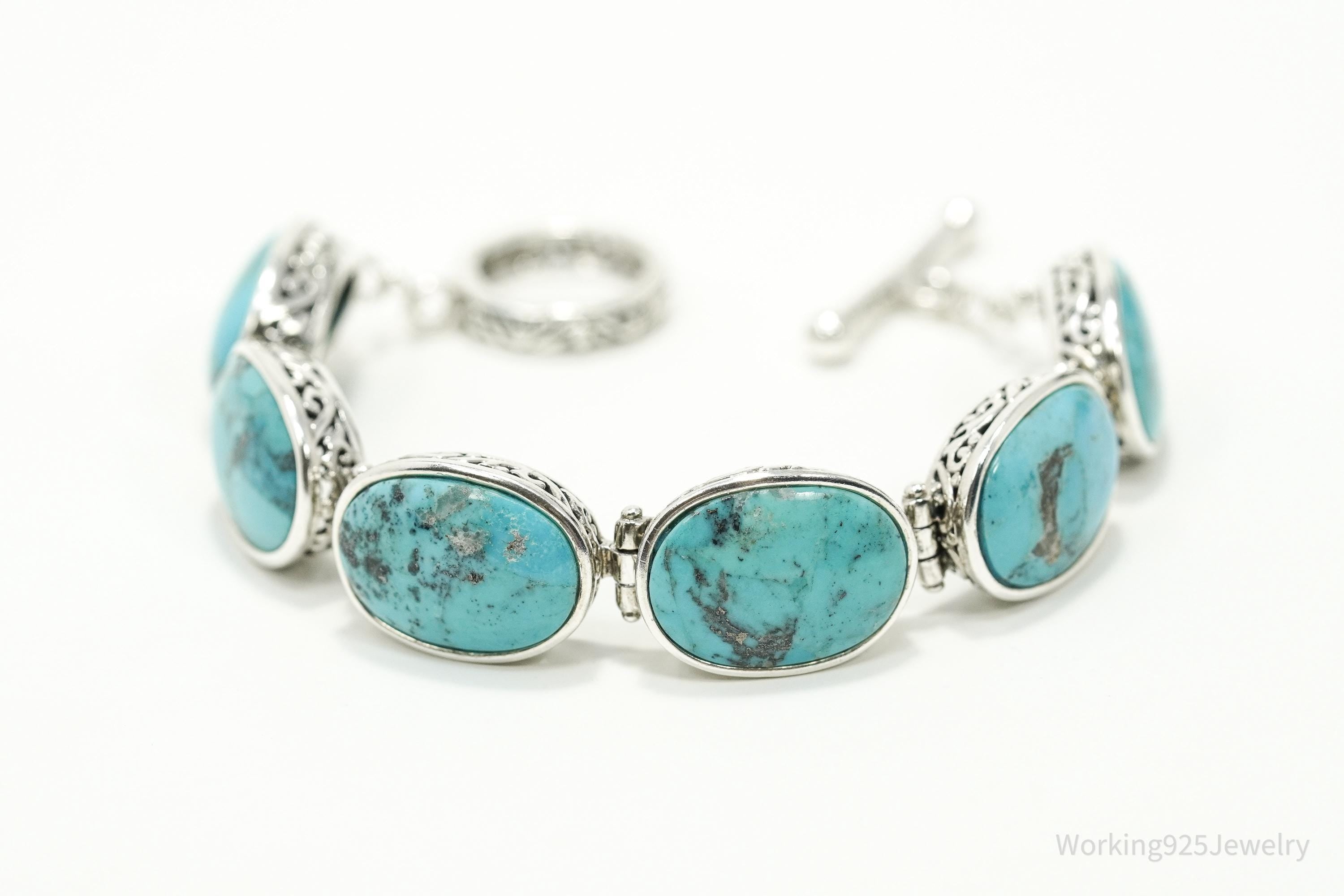 Vintage NK Big Blue Turquoise Sterling Silver Southwestern Toggle Bracelet 7.5"