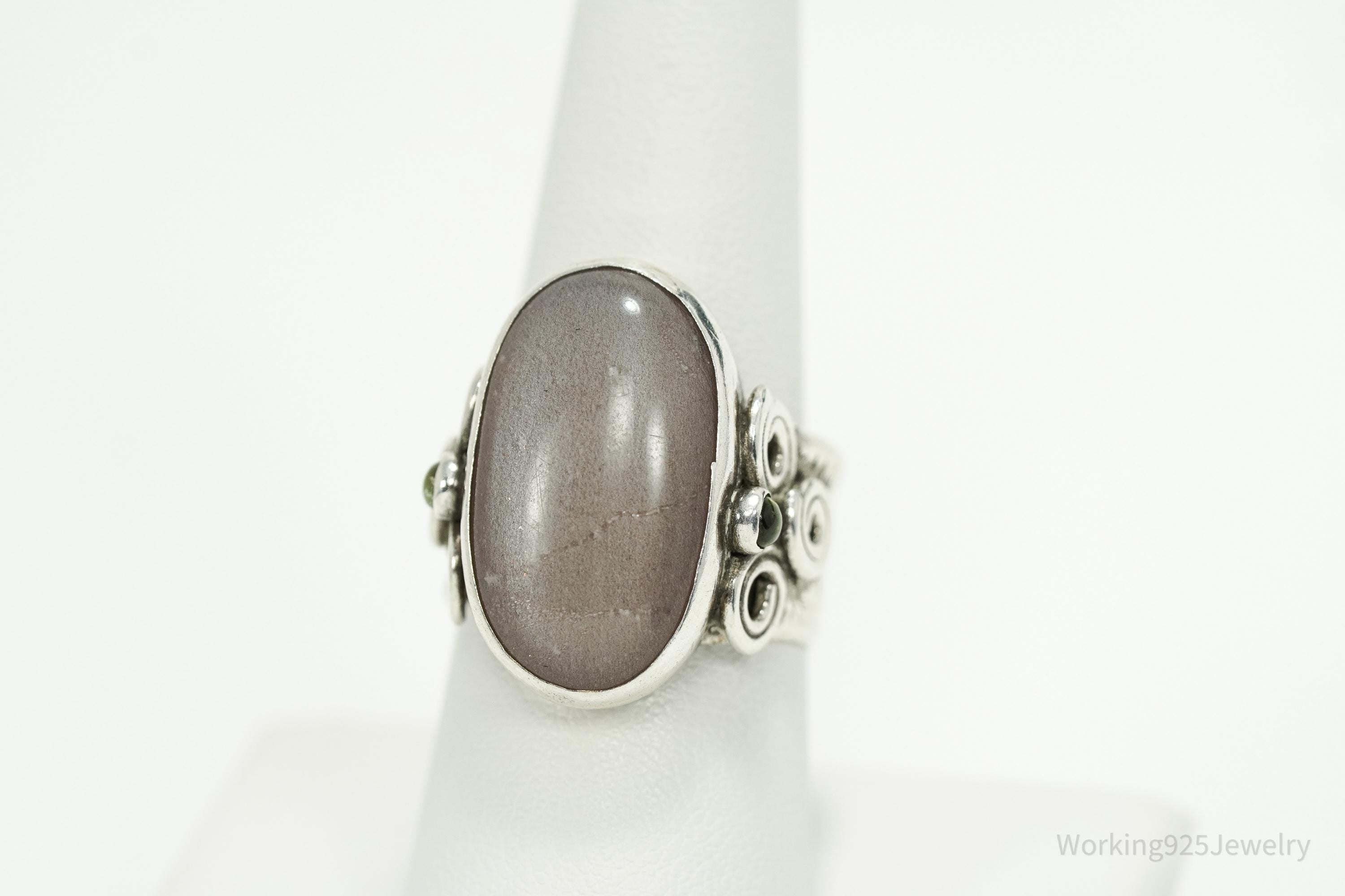 Vintage Gray Moonstone & Peridot Sterling Silver Ring Size 8