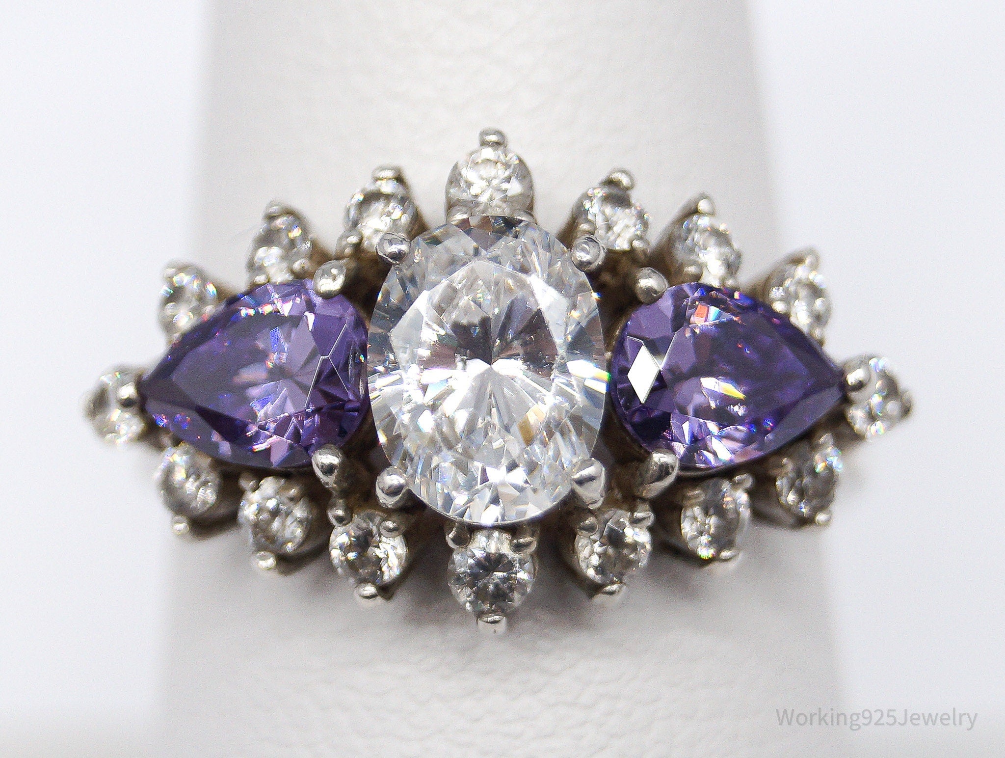 Vintage Purple & White Diamonique Cubic Zirconia Sterling Silver Ring - Size 8