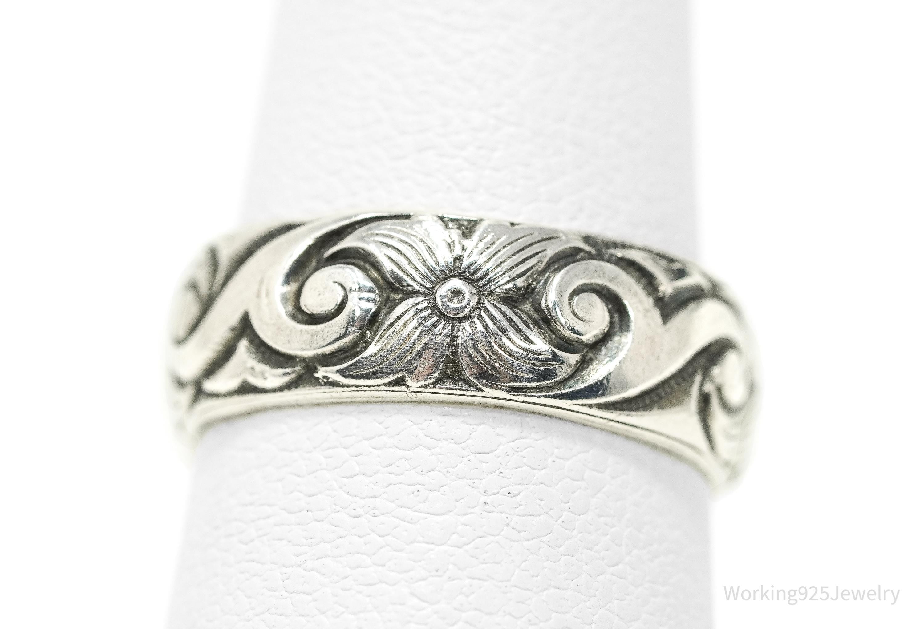 Antique Art Nouveau Floral Pattern Silver Band Ring - Size 6.25