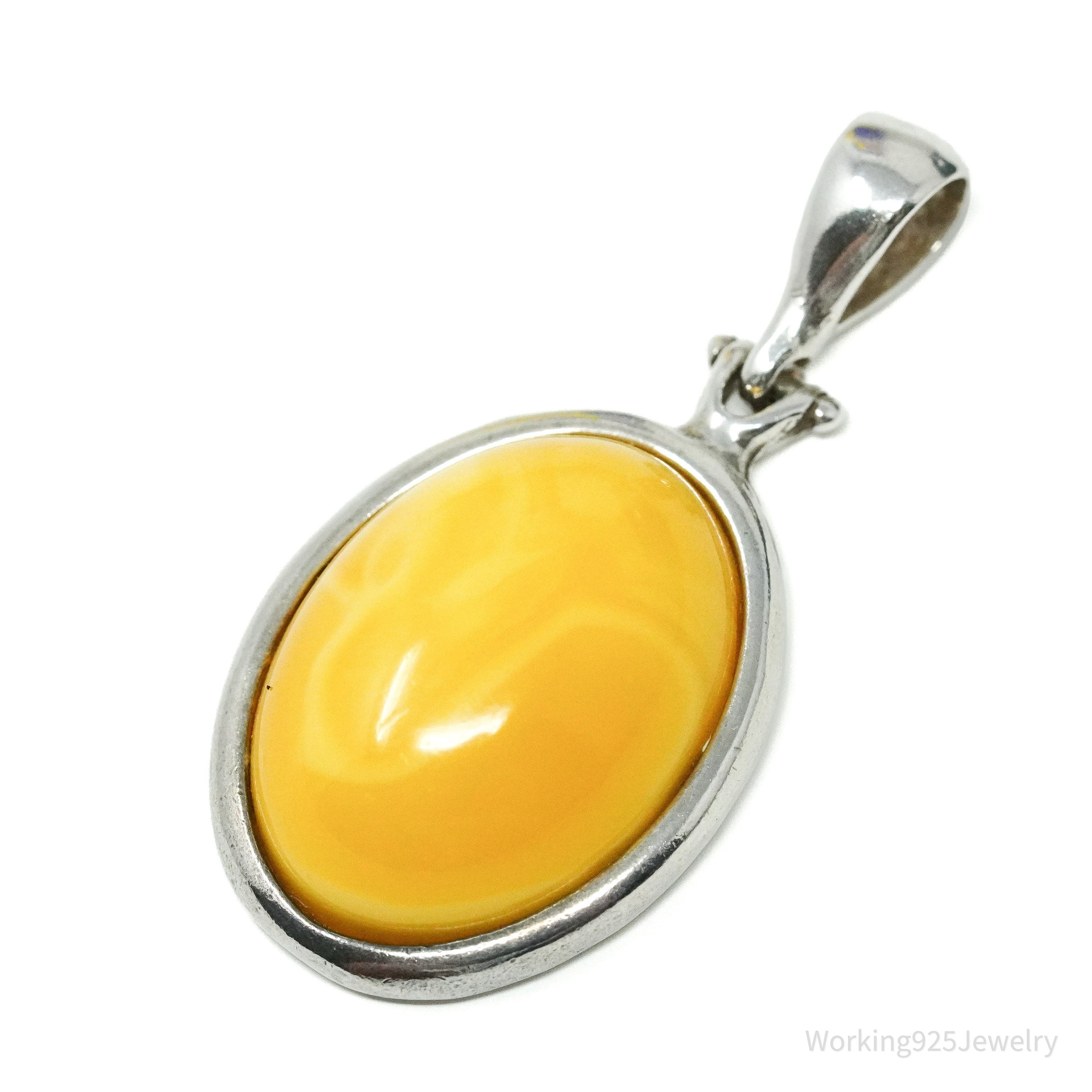 Vintage Yellow Amber Modernist Sterling Silver Necklace Pendant