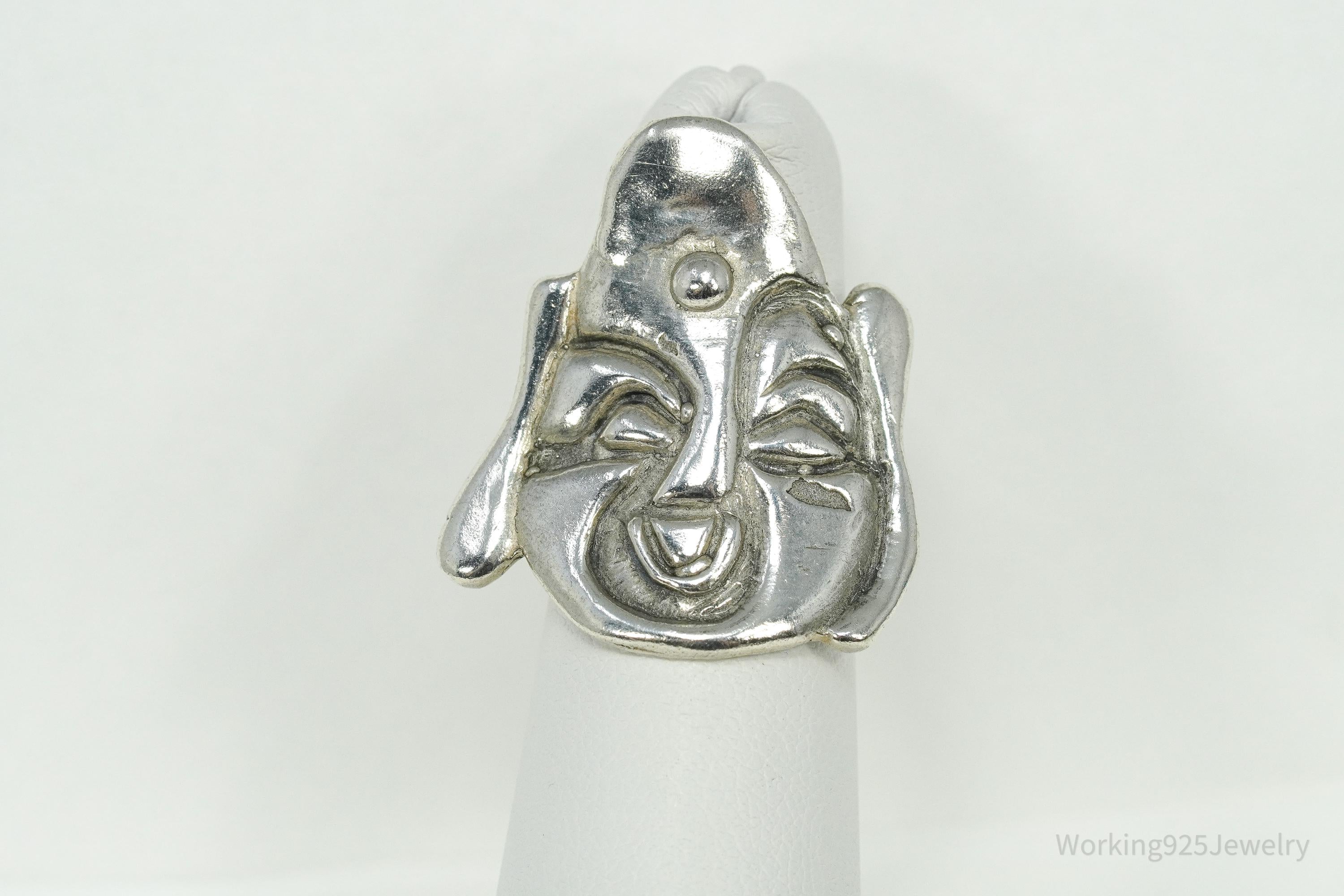 Vintage Large Buddha Head Silver Ring - Size 4.5