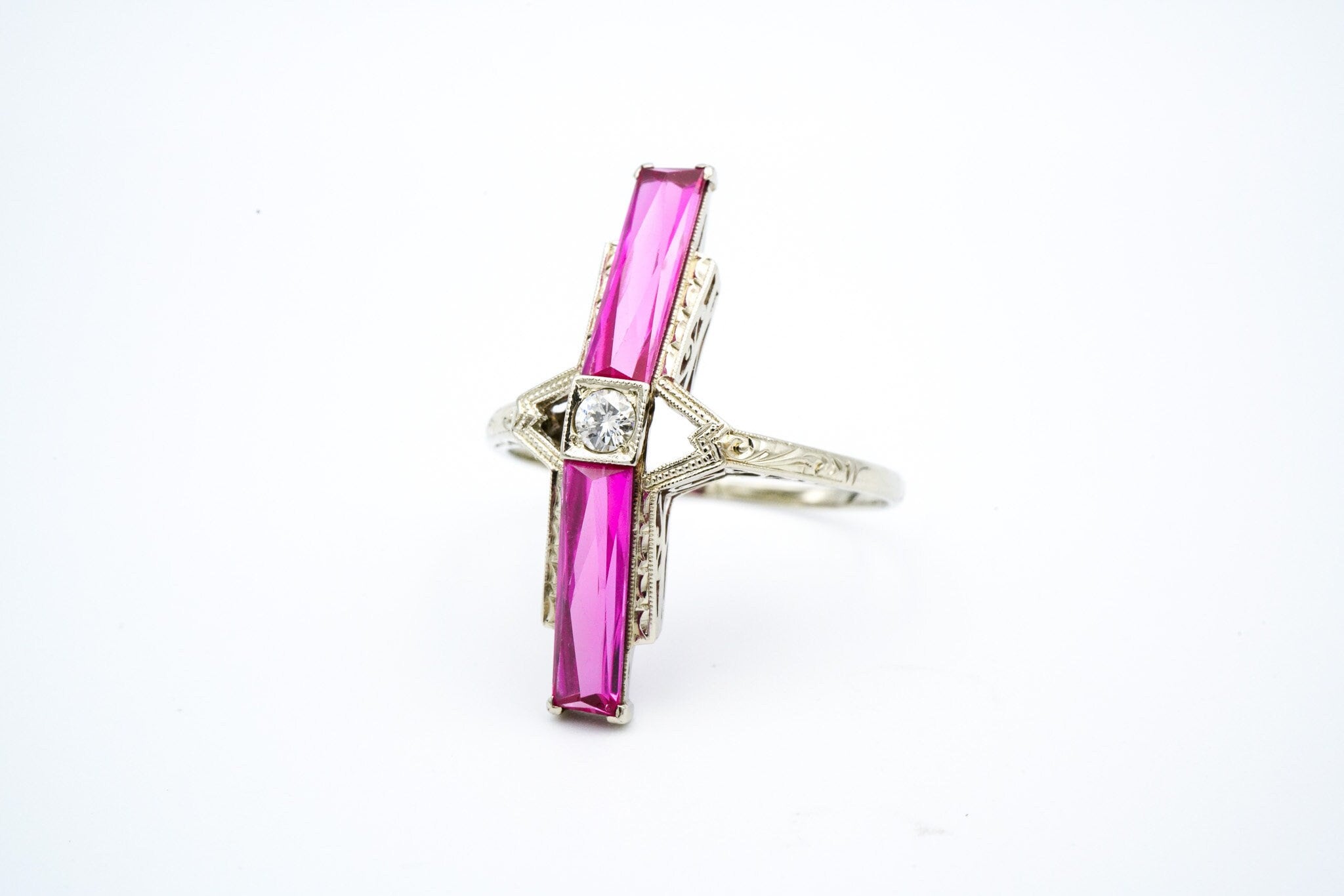 14K White Gold, Diamond & Synthetic Sapphire Set Ring - Size 9.25