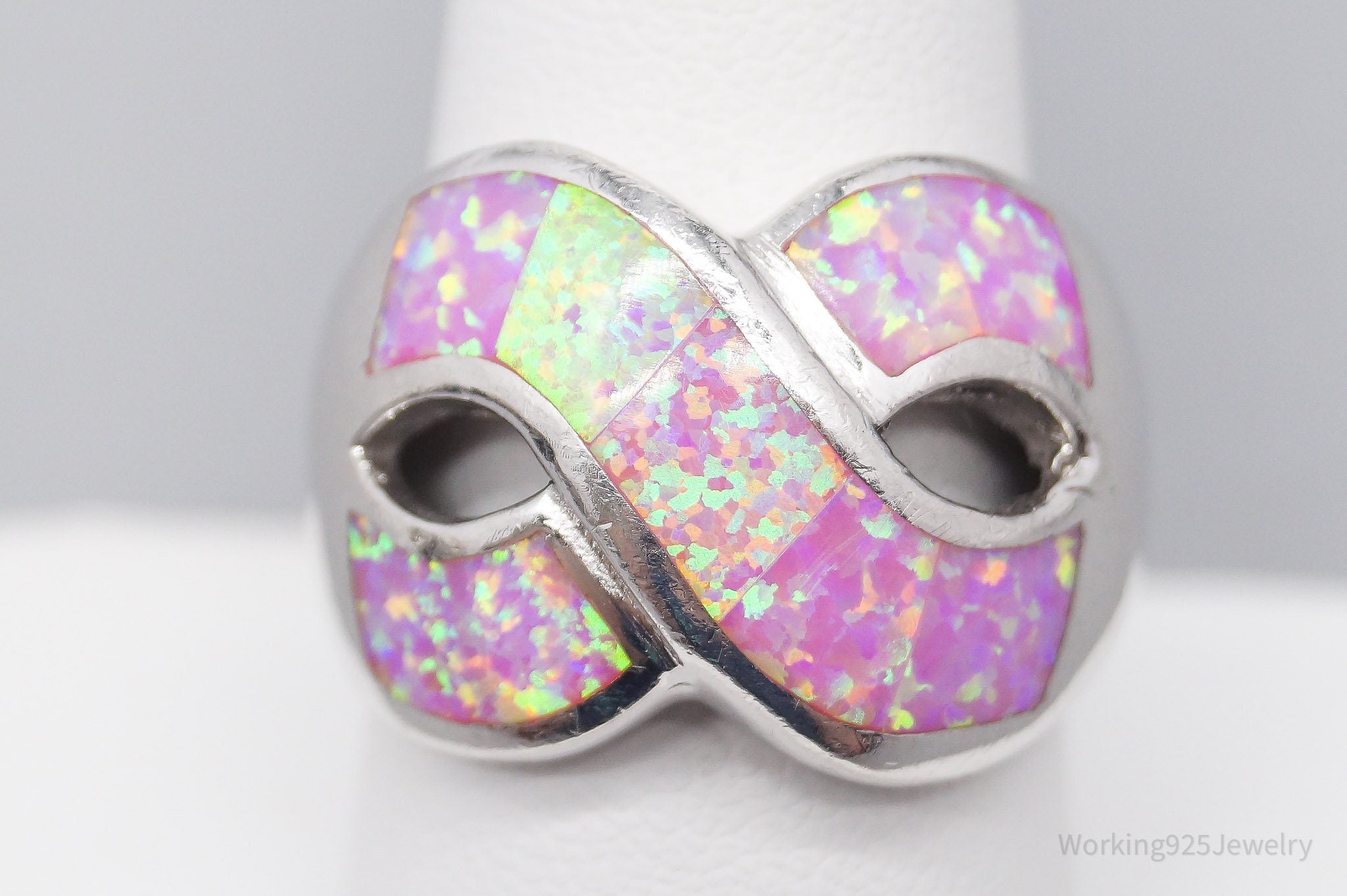 Vintage Lap Pink Opal Inlay Sterling Silver Infinity Ring -Size 9