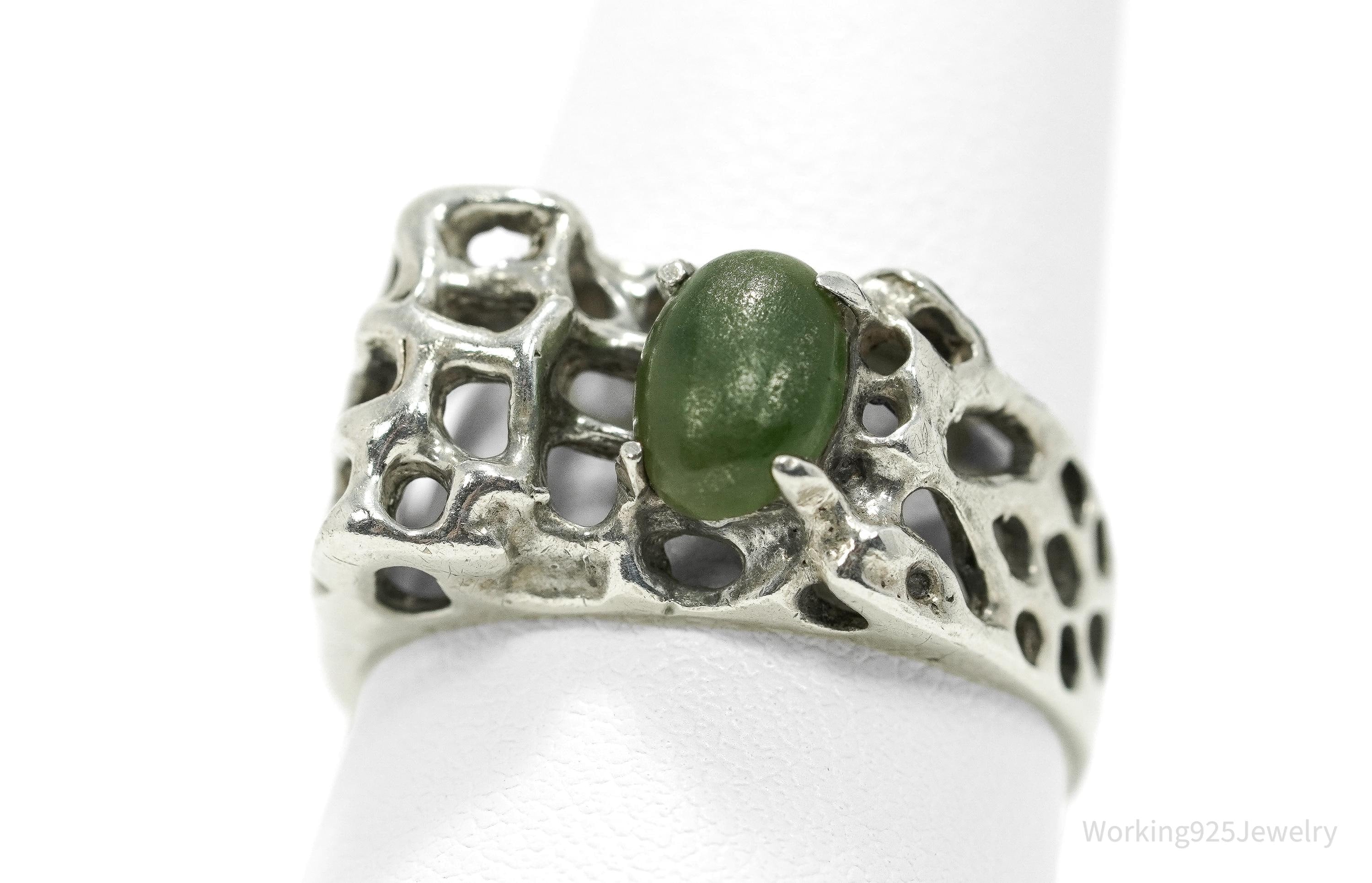 Vintage Green Jade Brutalist Sterling Silver Ring - Size 9.75