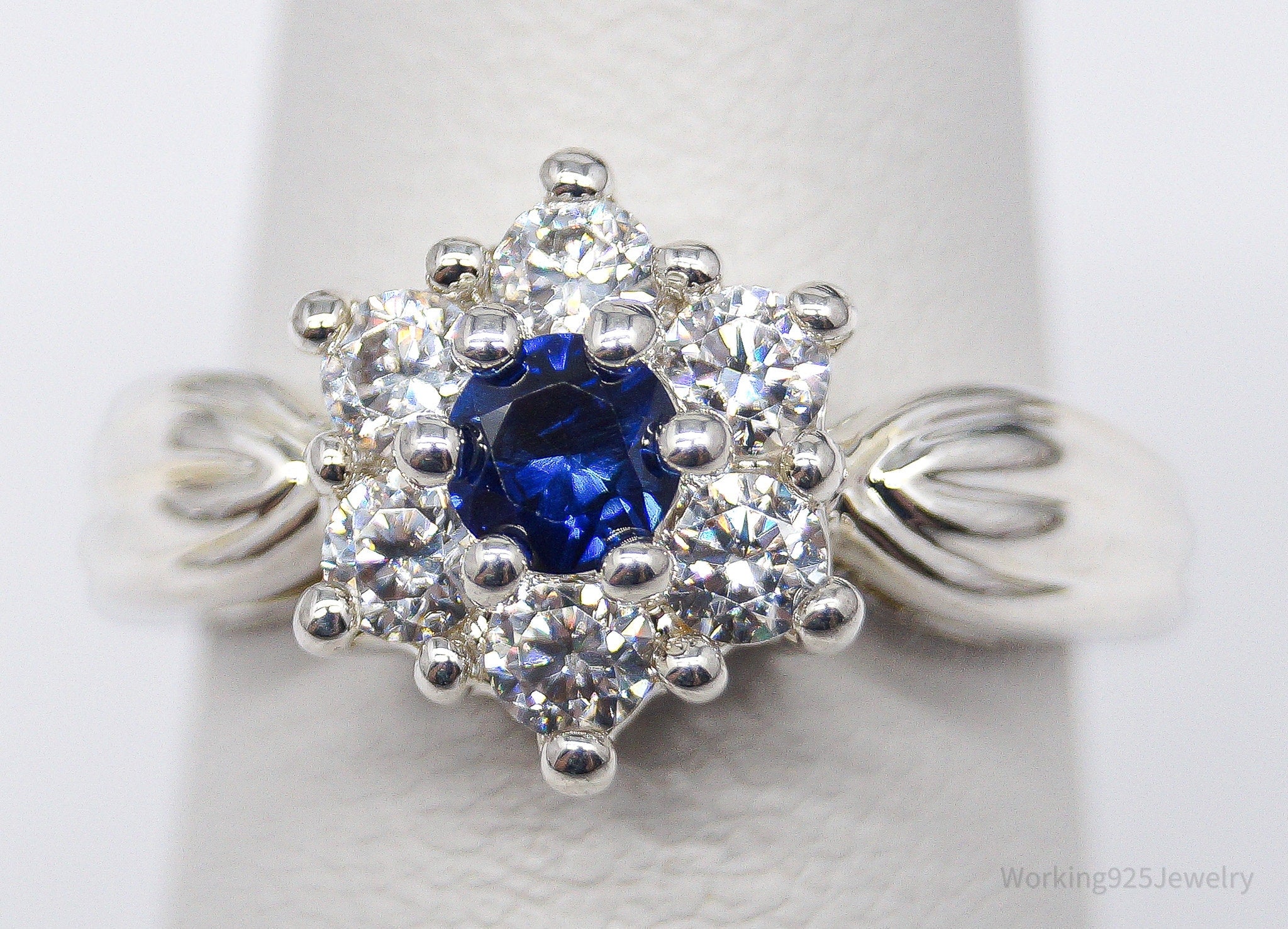 Sapphire & Cubic Zirconia Rhodium Plated Sterling Silver Ring - Size 6