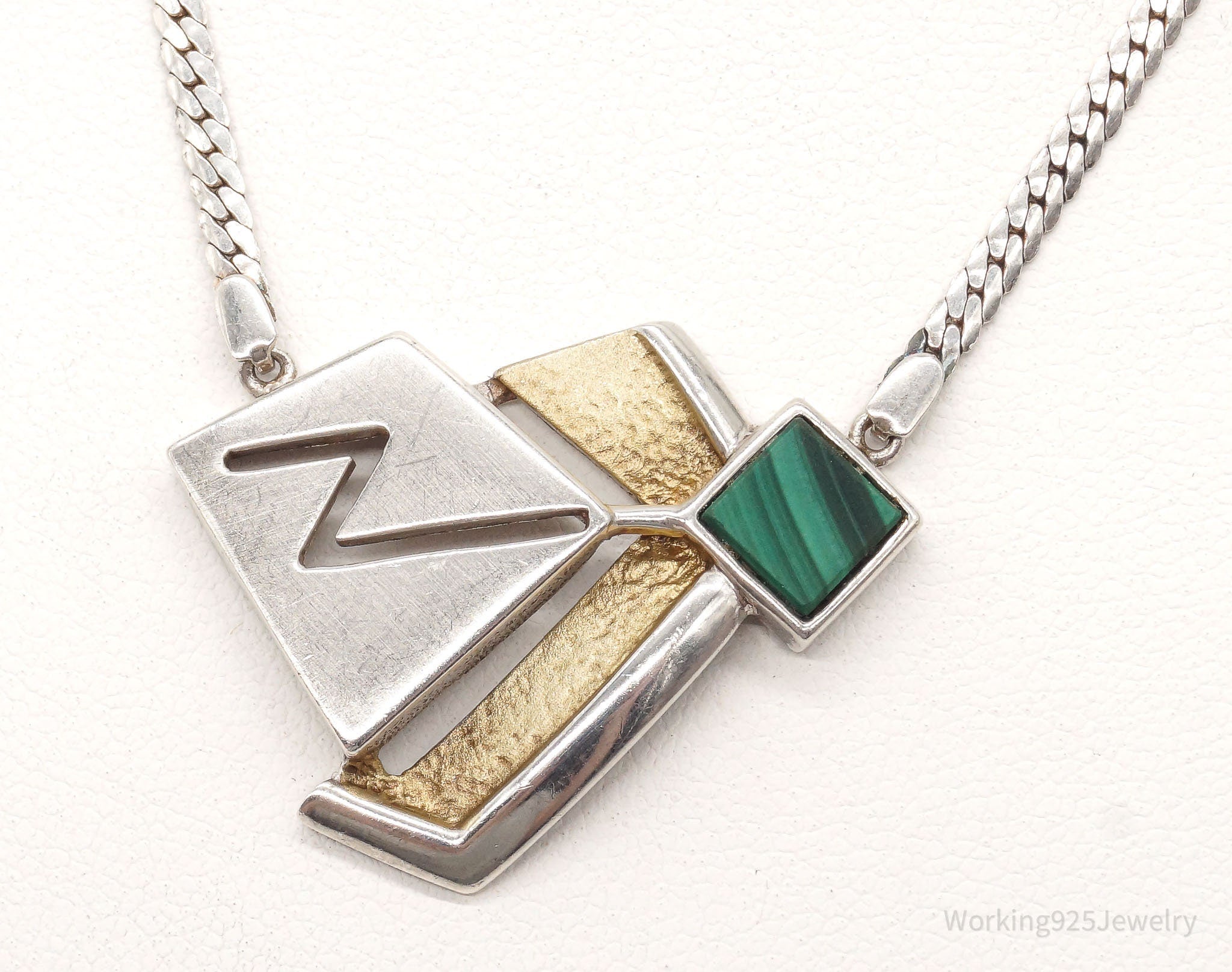 Vintage Malachite Modernist Gold Vermeil Sterling Silver Necklace