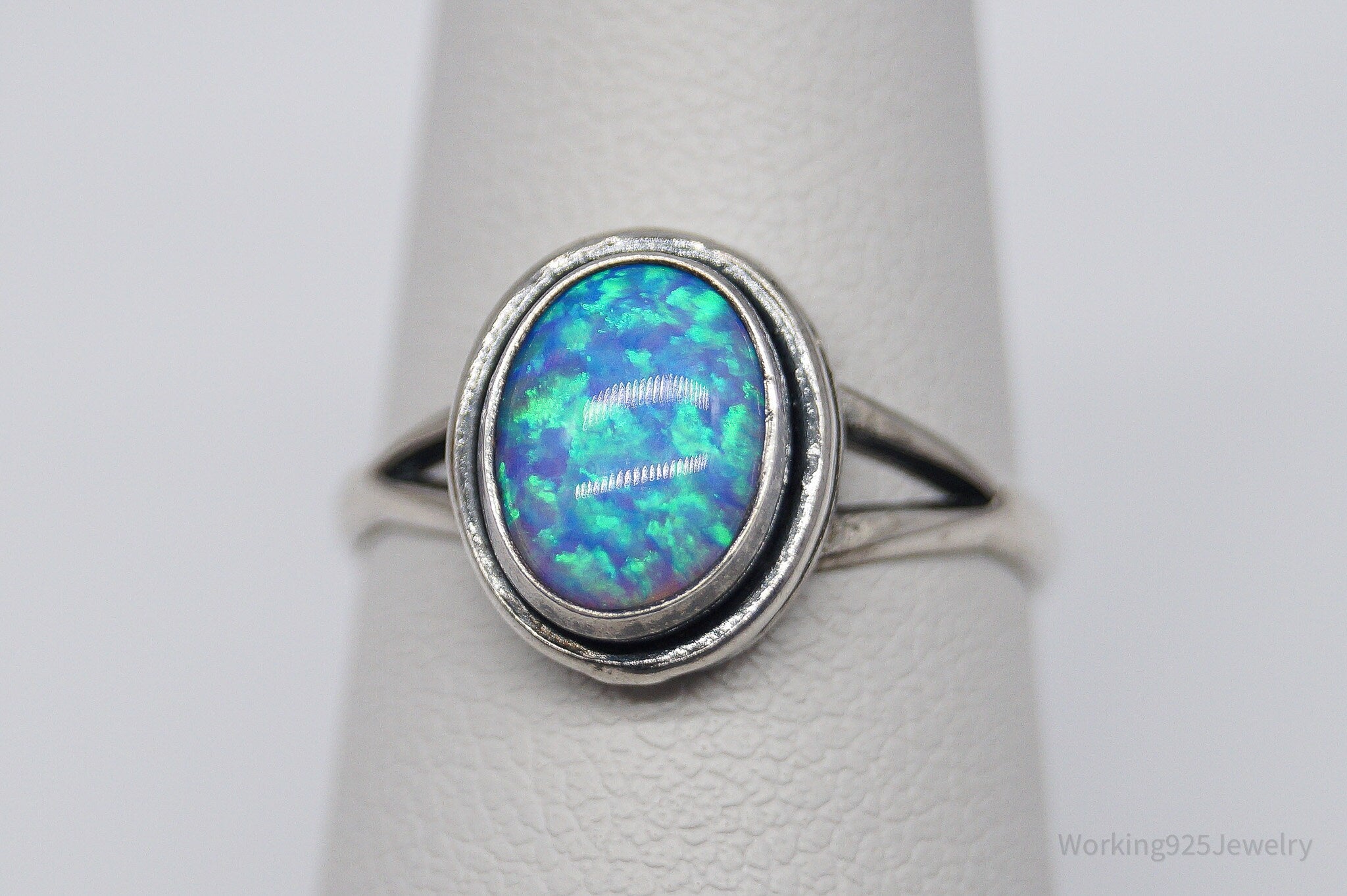 Vintage Blue Opal Sterling Silver Ring - Size 6.5