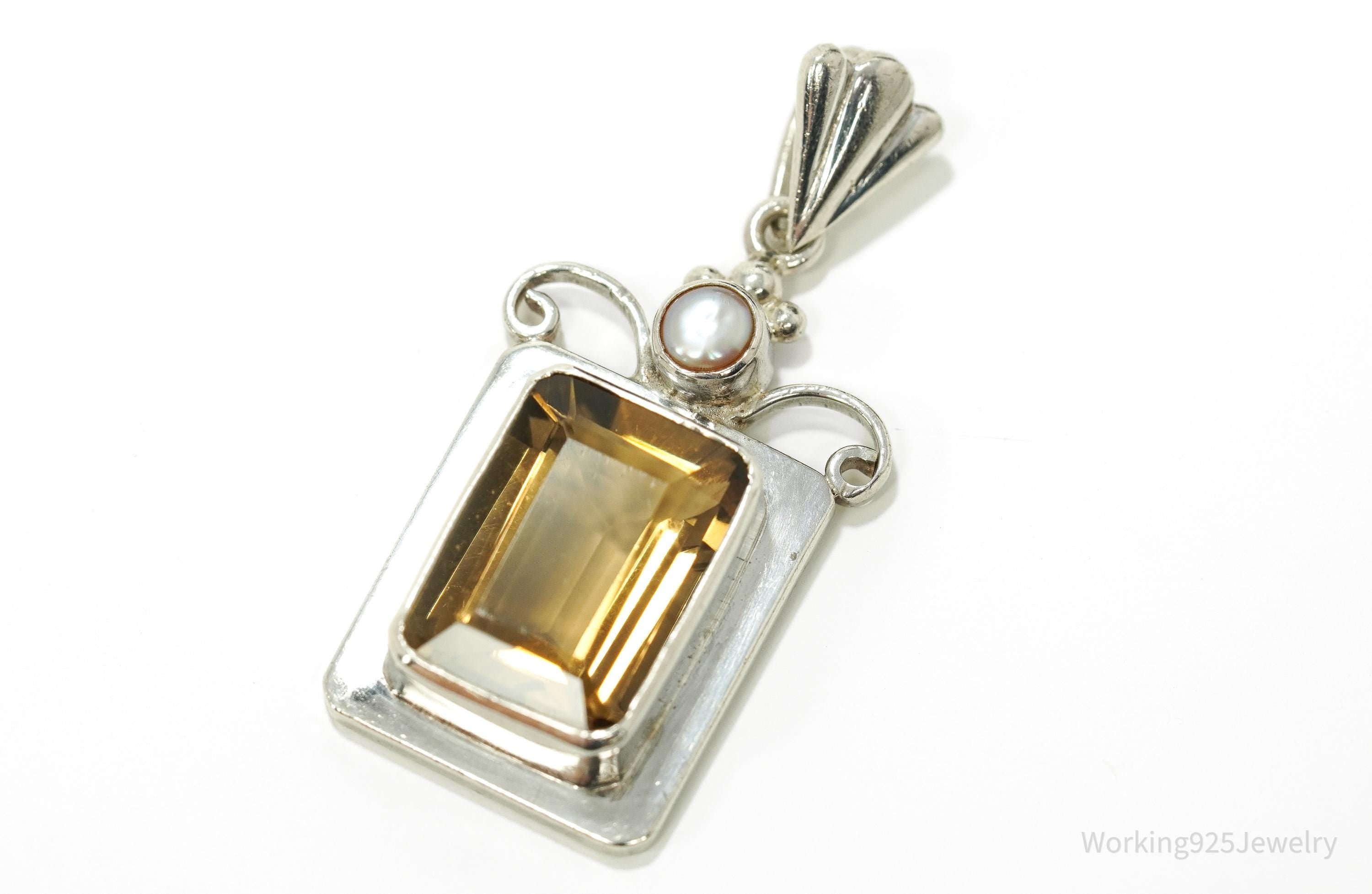 Vintage Large Smoky Topaz & Pearl Sterling Silver Pendant