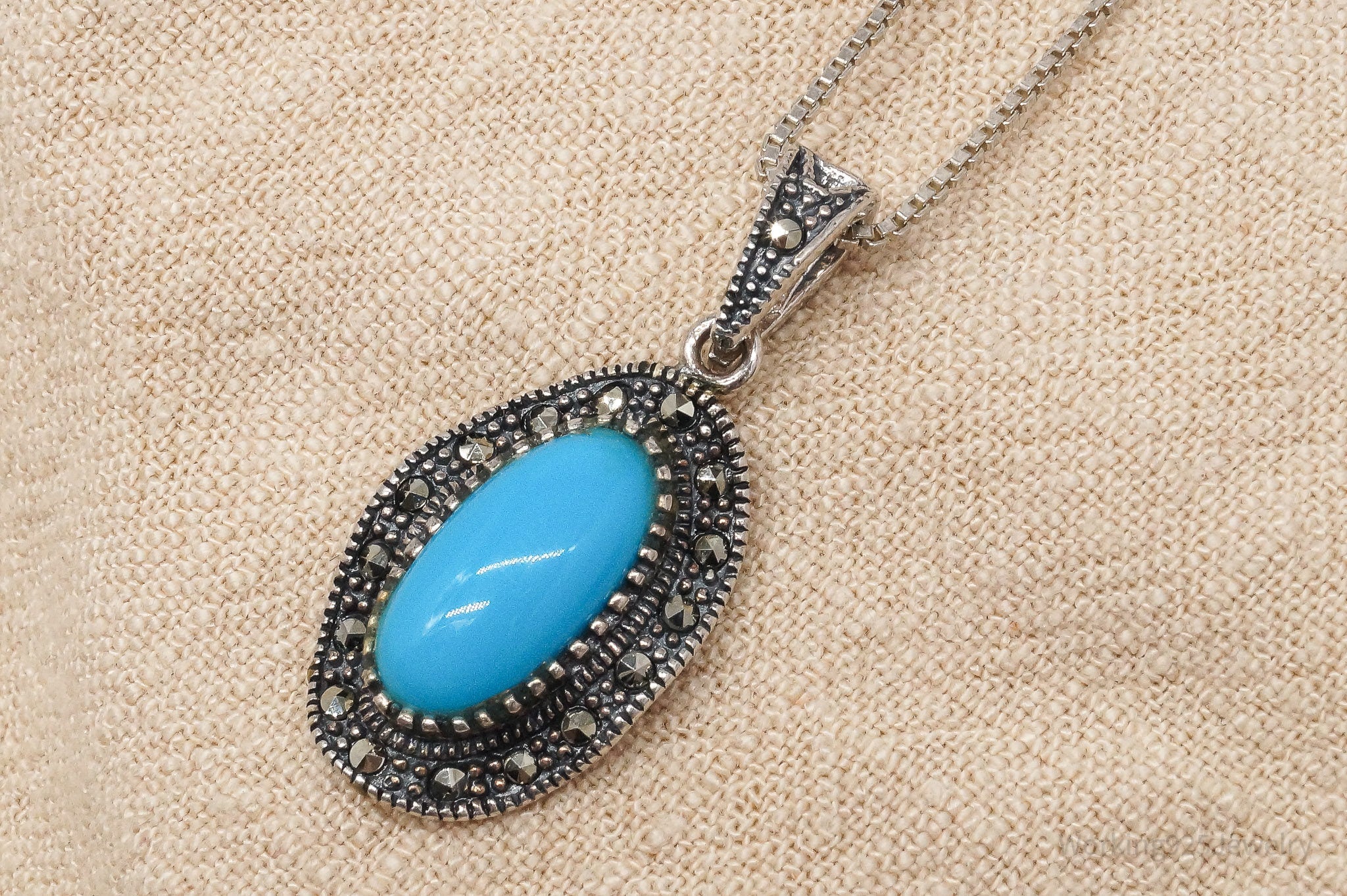 Vintage Turquoise Marcasite Sterling Silver Necklace 18"