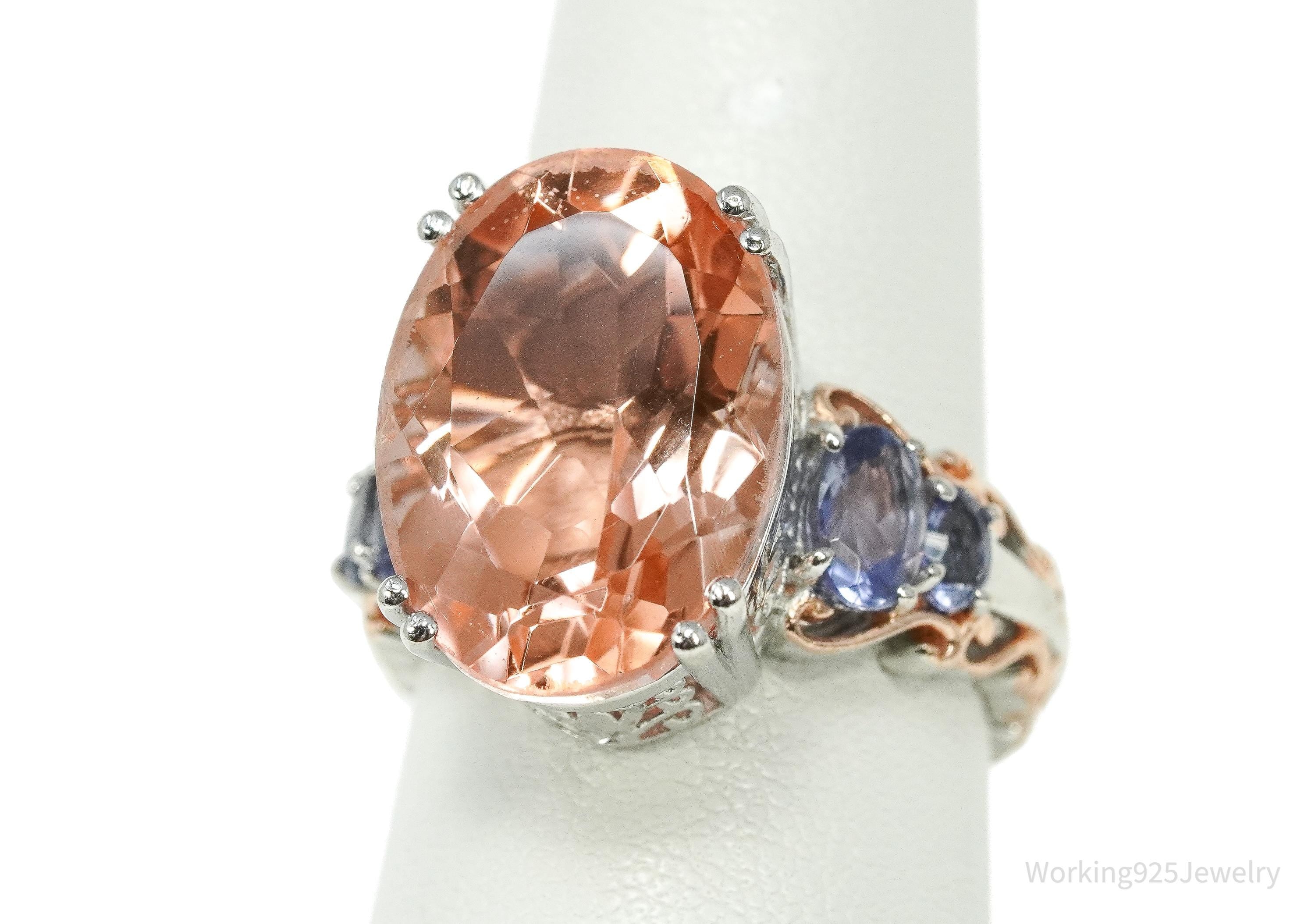 Vintage Chuck Clemency Peach Quartz & Iolite Rose Gold Plated Sterling Silver Ring - Size 8.25